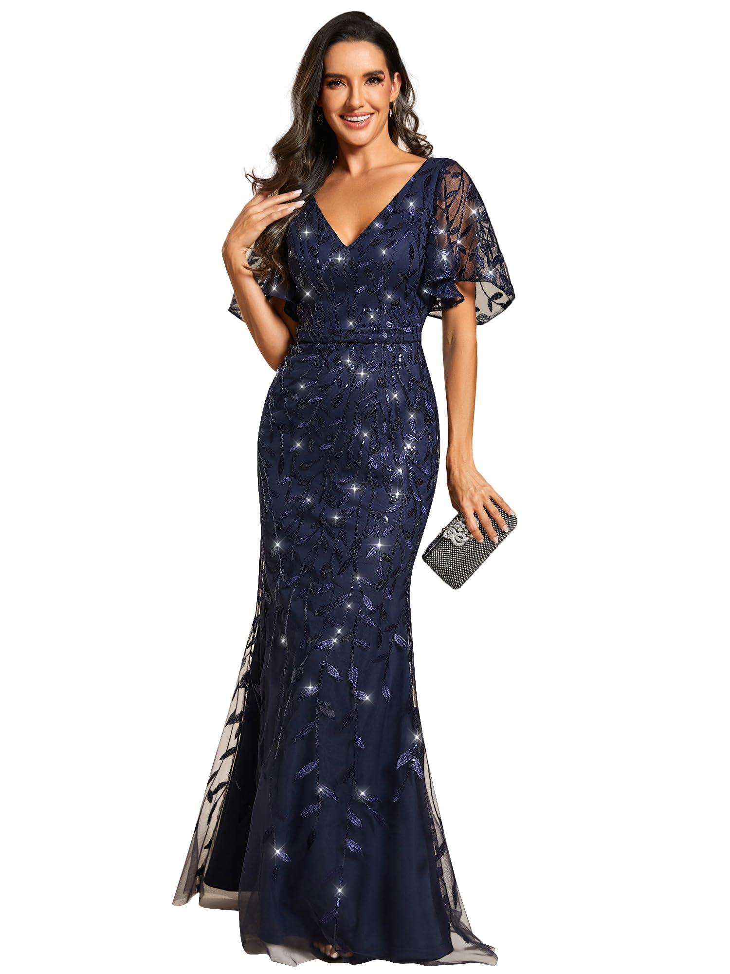 Ever-Pretty Women's Ruffles Sleeves Sequin Embroidery Evening Mother of The Bride Dress 00692