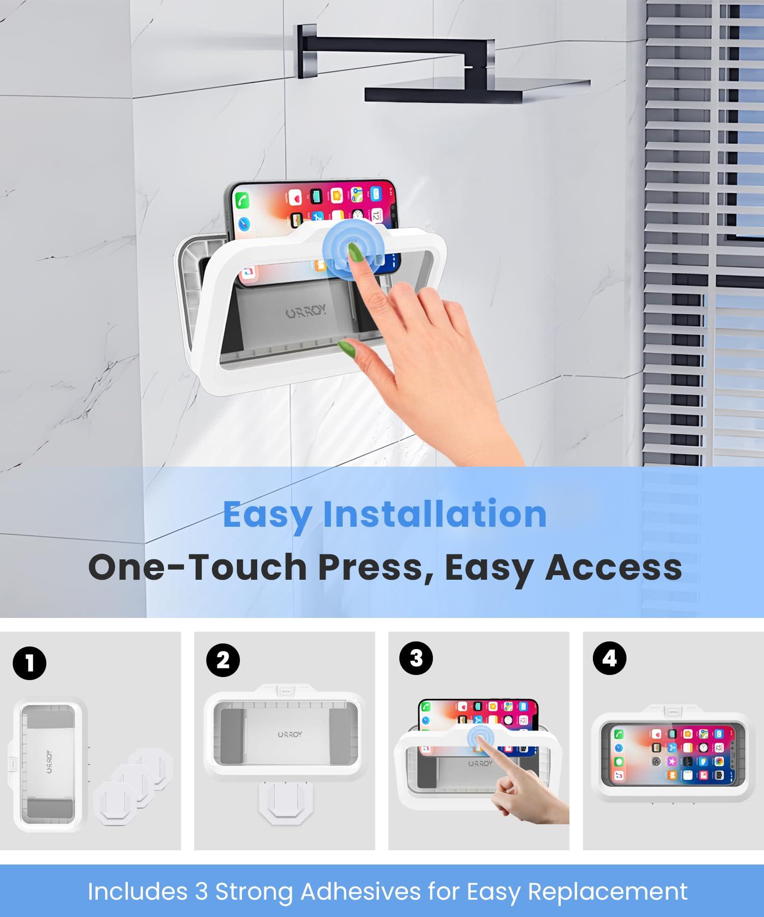 URROY Shower Phone Holder Waterproof One-Touch Open Shower Phone Case Anti-Fog & Sensitive Touchscreen Bathroom Wall Phone Mount Stand Universal Fit for iPhone & Smartphones Gift for Men Women White - Image 4
