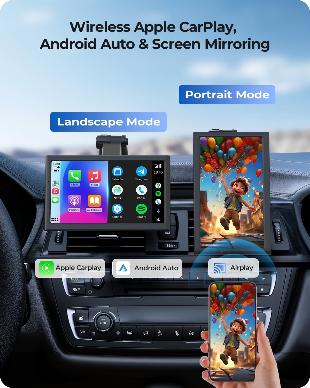 Krunia 7" Wireless Portable 60FPS Car Play Screen for Apple CarPlay & Android Auto, Portrait and Landscape Modes, Mirror Link, Bluetooth, Voice Control, GPS Navigation - Image 2