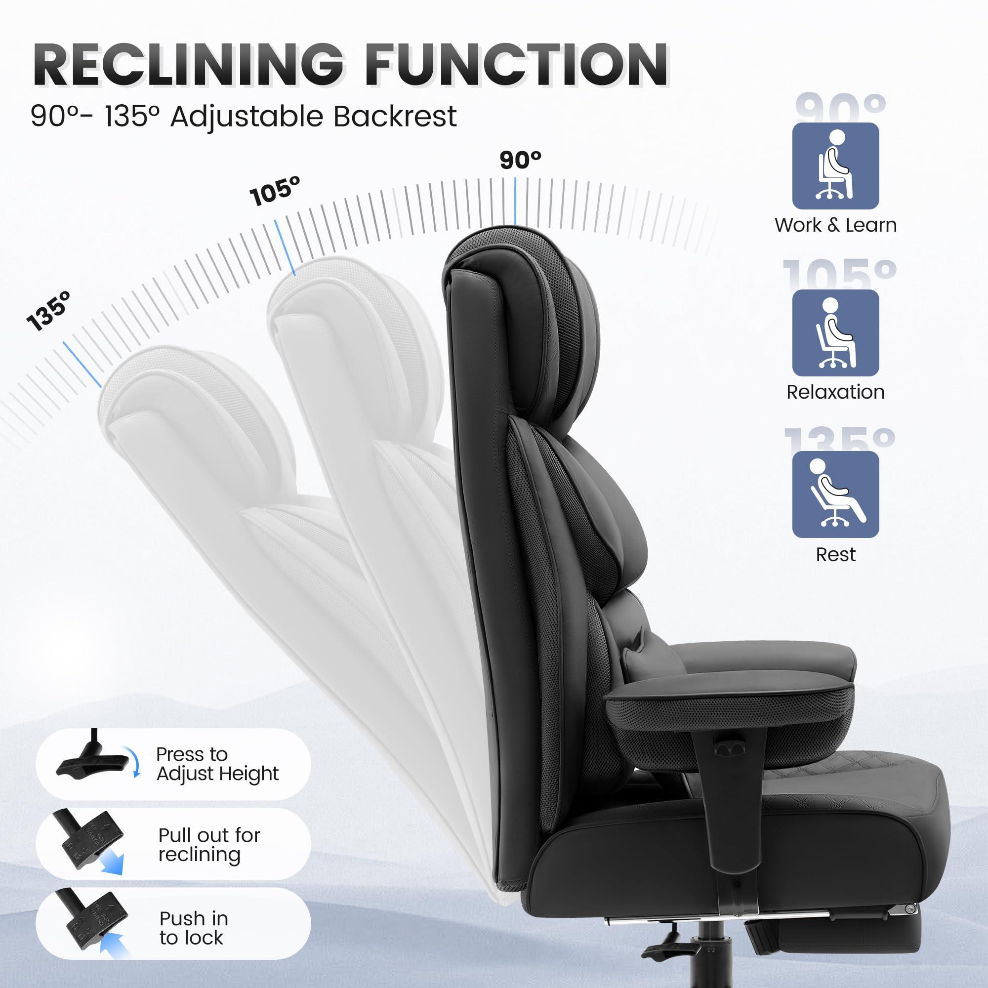 BestGlory Office Desk Chair, Big and Tall Leather Gaming Chair with Footrest, Wide Ergonomic Comfy Executive High-Back Reclining Computer Chairs, Swivel Rolling Wheels and Padded Lumbar Support, Black - Image 6