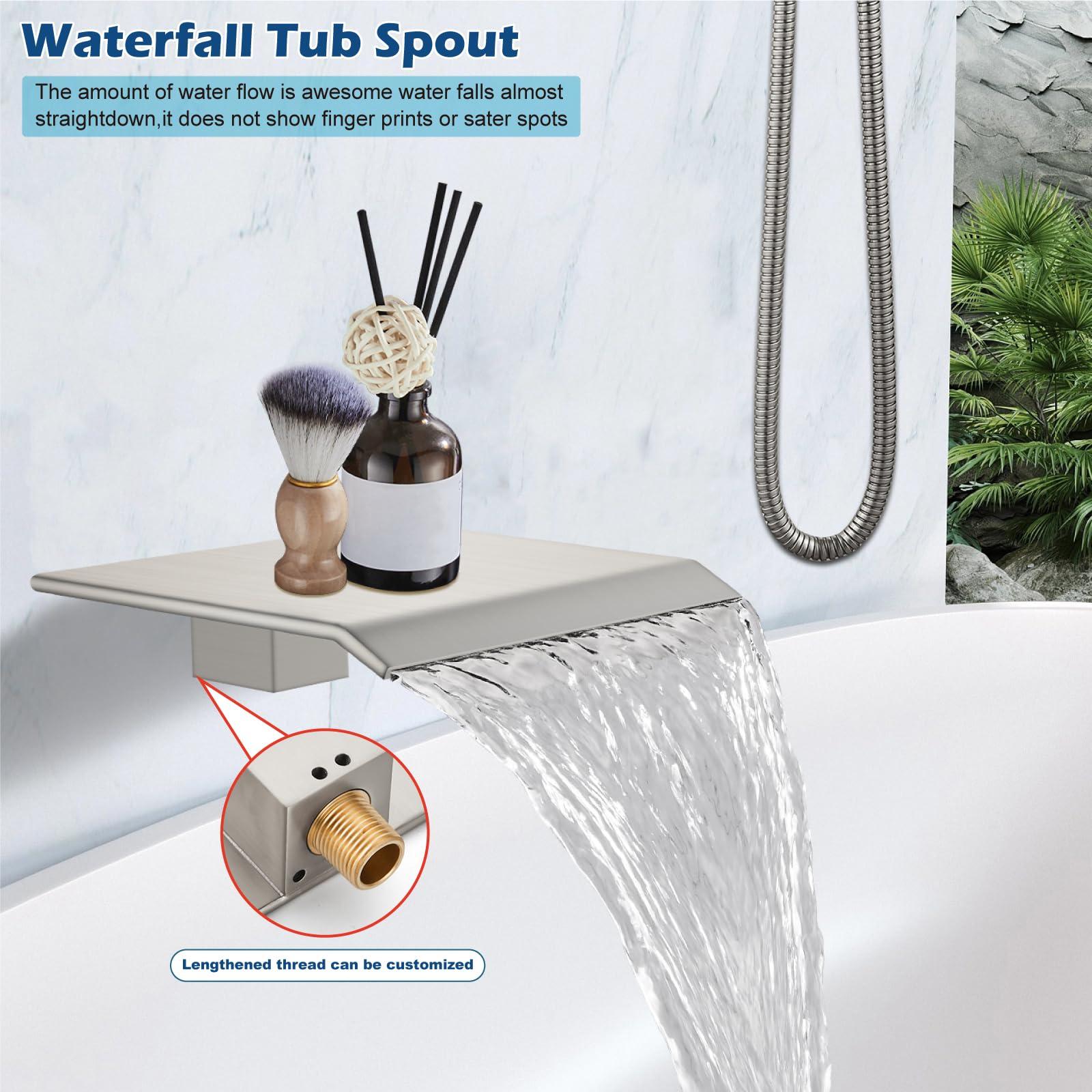 Midanya Rain Shower System Tub Shower Faucet Set Square Rainfall Shower Head with Handheld Sprayer and Waterfall Tub Spout Rough-in Valve Shower Mixer Combo,8 Inch Brushed Nickel - Image 2