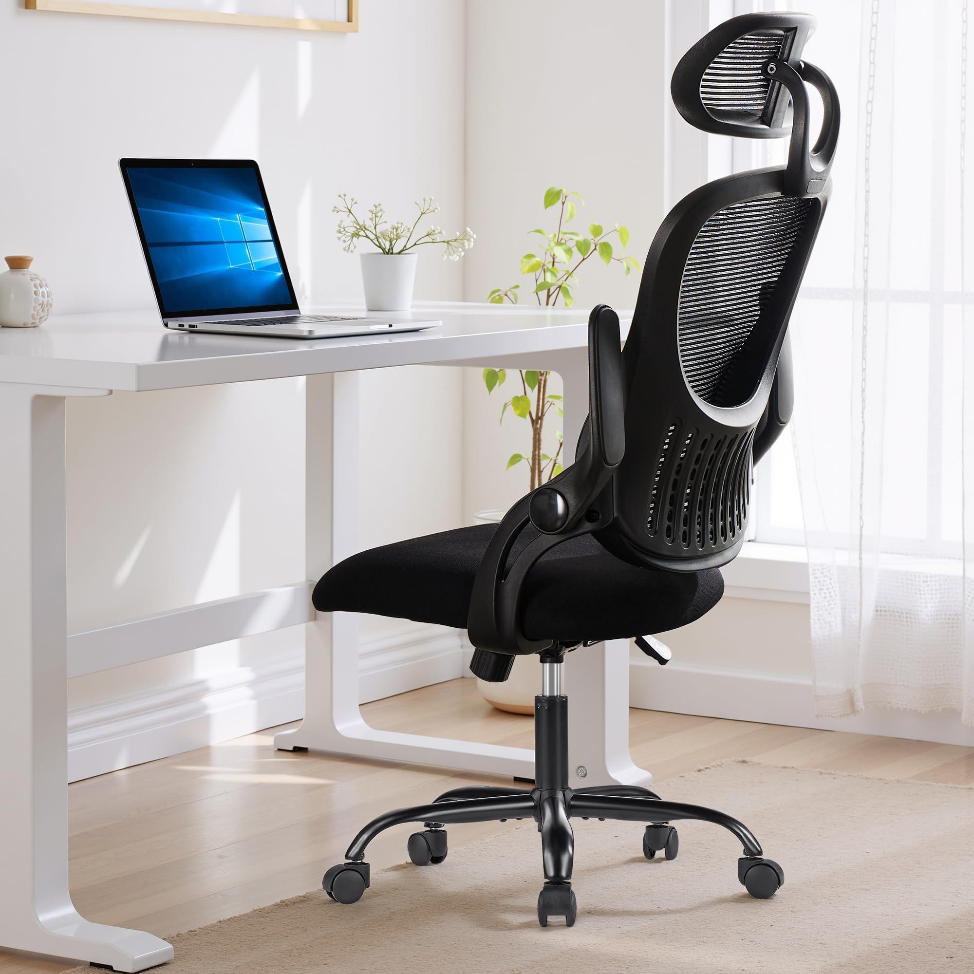Ergonomic Office Chair, High-Back Computer Desk Mesh Swivel Task Chairs with Flip-up Armrest Adjustable Headrests, Comfortable Lumbar Support Rolling Wheels, for Home, Work, Study, Black