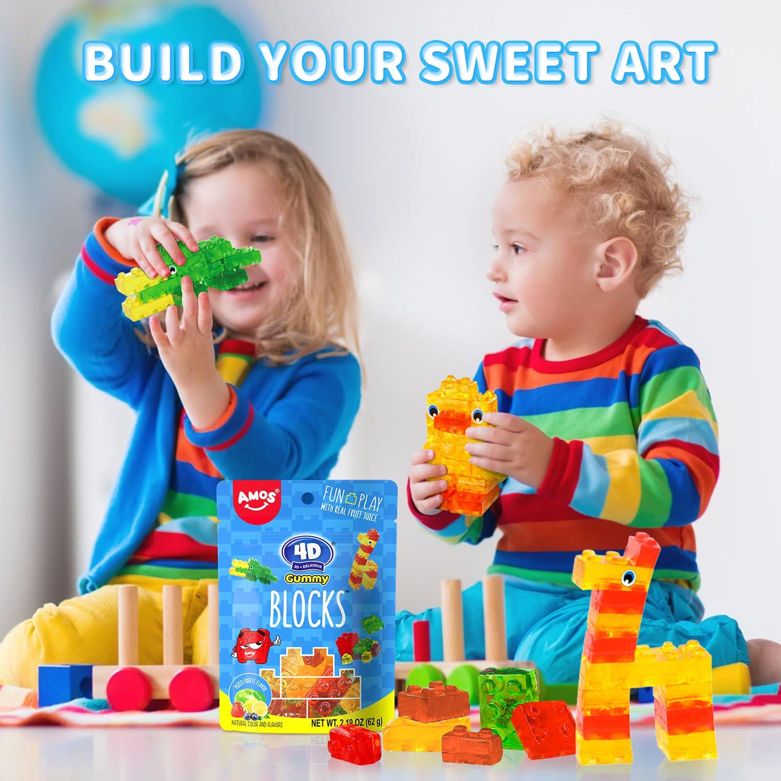 AMOS 4D Gummy Blocks Candy Bricks, Edible Building Blocks, Themed Novelty Candy for Kids Birthday Party, Cupcake Topper, Resealable 2.19oz Bag (Pack of 3) - Image 2
