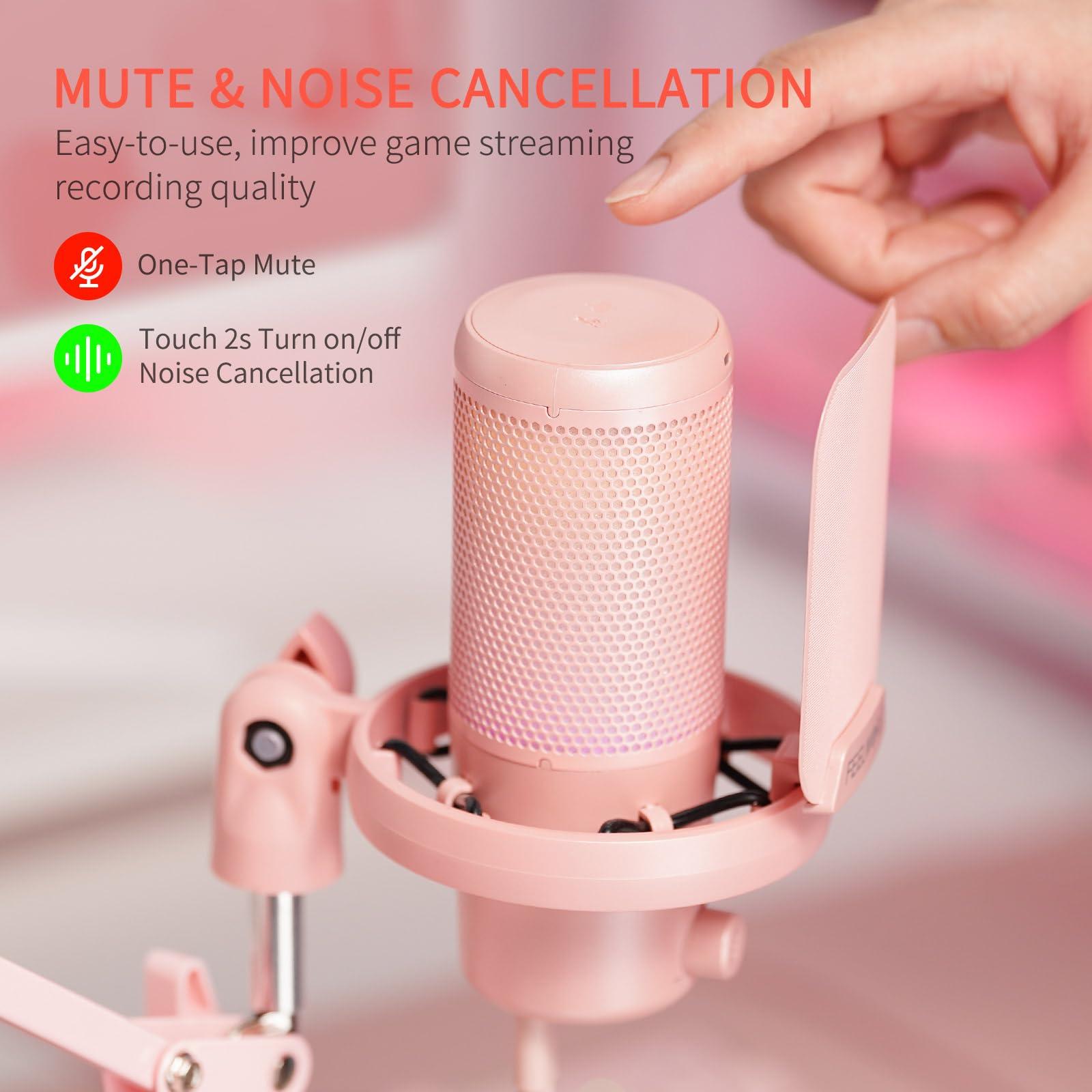 FEELWORLD VM1 Pink Gaming PC USB Microphone Condenser Mic with Noise Cancellation Mute RGB Light, Computer Accessories Gifts for Gamer YouTube Twitch Podcast Streaming Recording Online Chat PS4 PS5 - Image 2