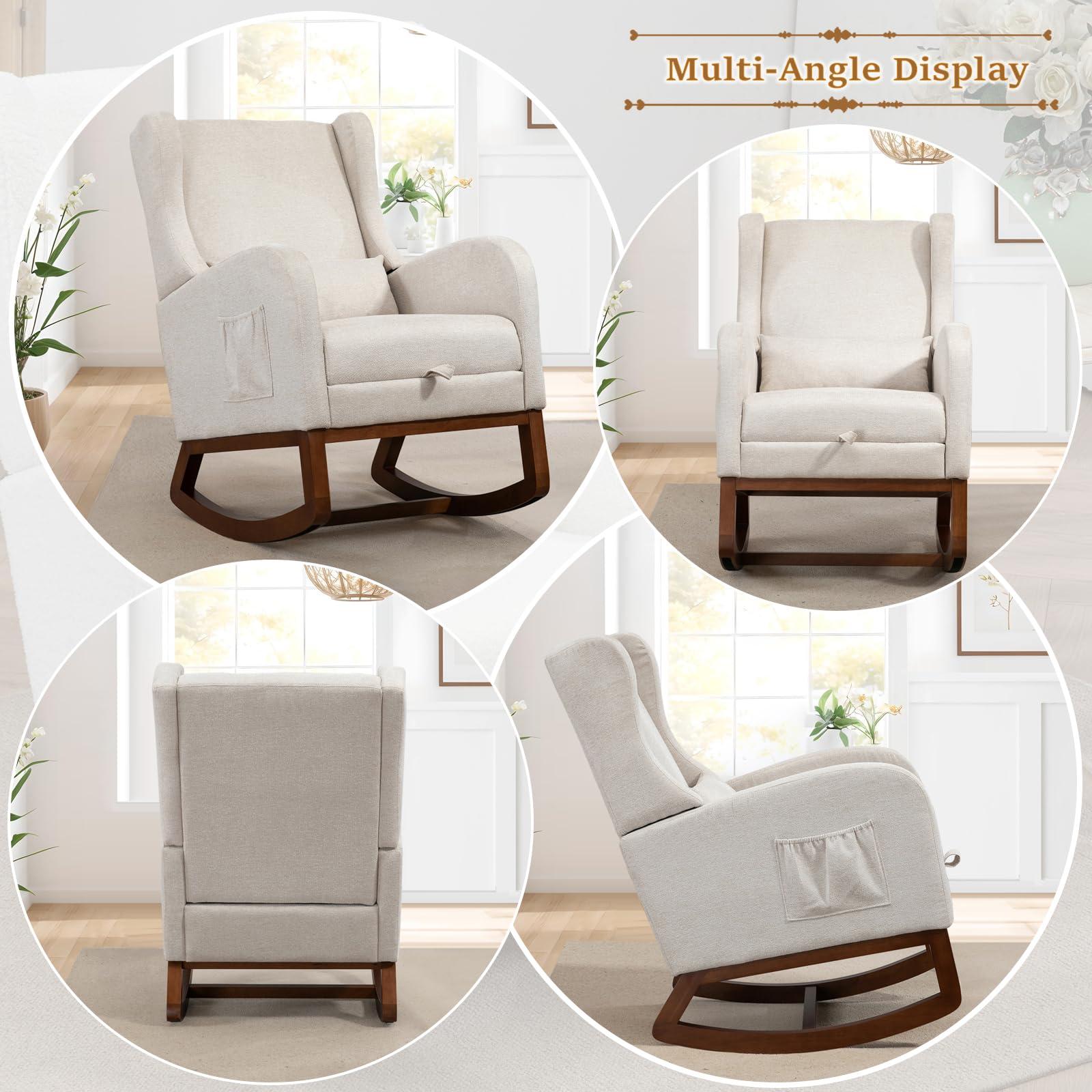 Modern Rocking Chair Nursery Glider, Comfy Rocker Nursery Chair with Foot Rest, Accent Reading Armchair with Pillow and Pocket, Upholstered Lounge Rocker with Solid Wood Base for Relaxing (Beige) - Image 6