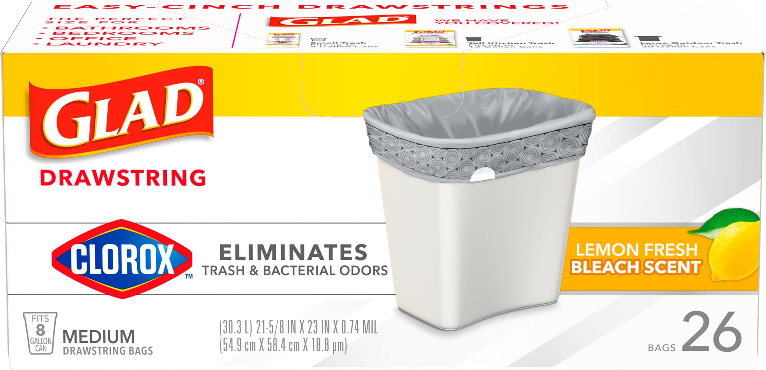 Glad Medium Drawstring Trash Bags with Clorox, 8 Gal, Lemon Fresh Bleach, 26 Ct (Package May Vary) - Image 7
