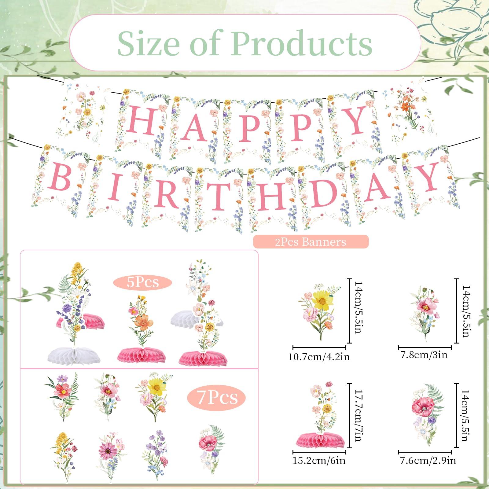 Rngmsi Flower Birthday Decorations for Girls Women, 14PCS Wildflower Floral Happy Birthday Banners Hanging Swirls and Honeycomb Centerpieces Decor Supplies - Image 3