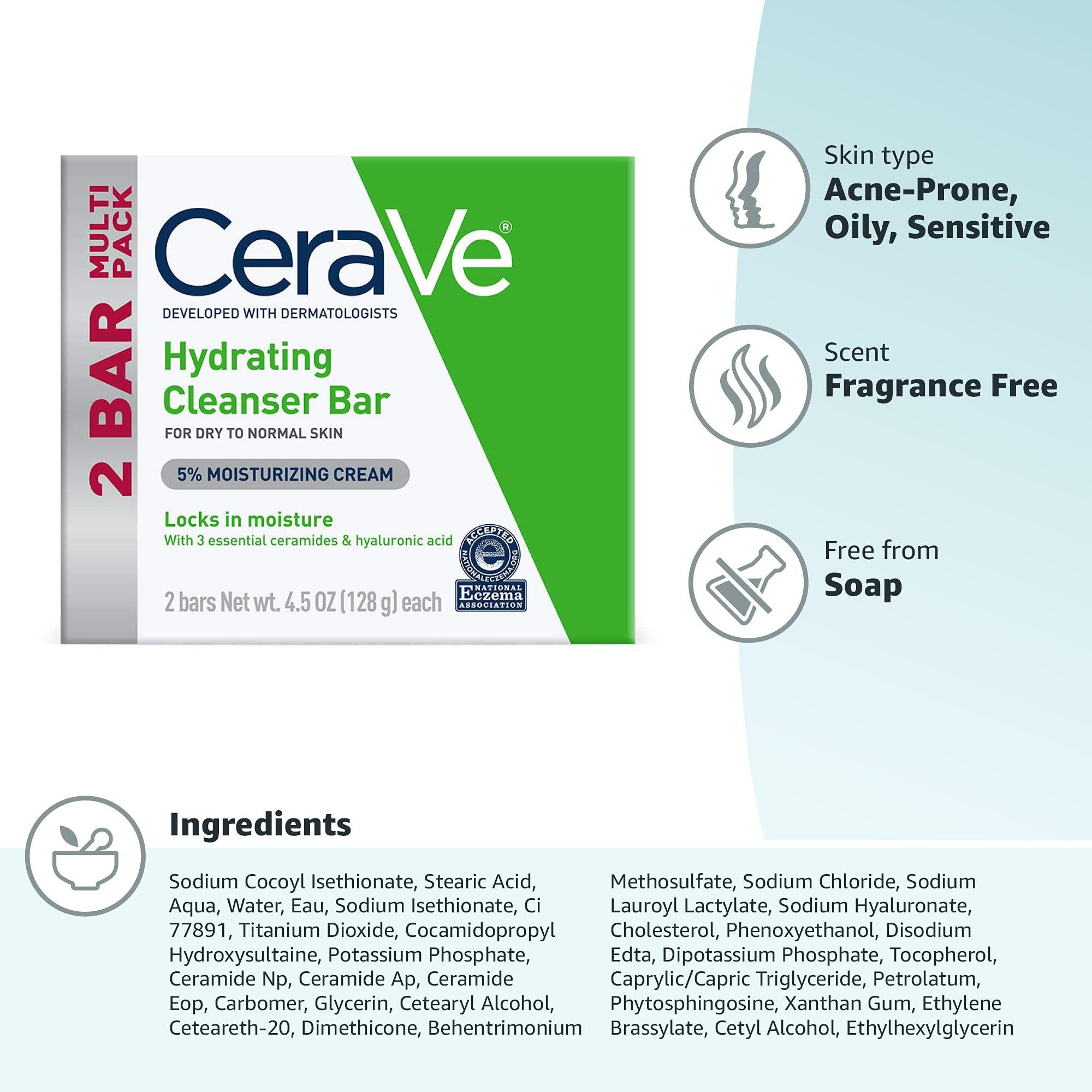 CeraVe Hydrating Cleanser Bar, Soap-Free Body and Facial Cleanser with 5% Cerave Moisturizing Cream, Fragrance-Free, 2-Pack, 4.5 Ounce Each - Image 7