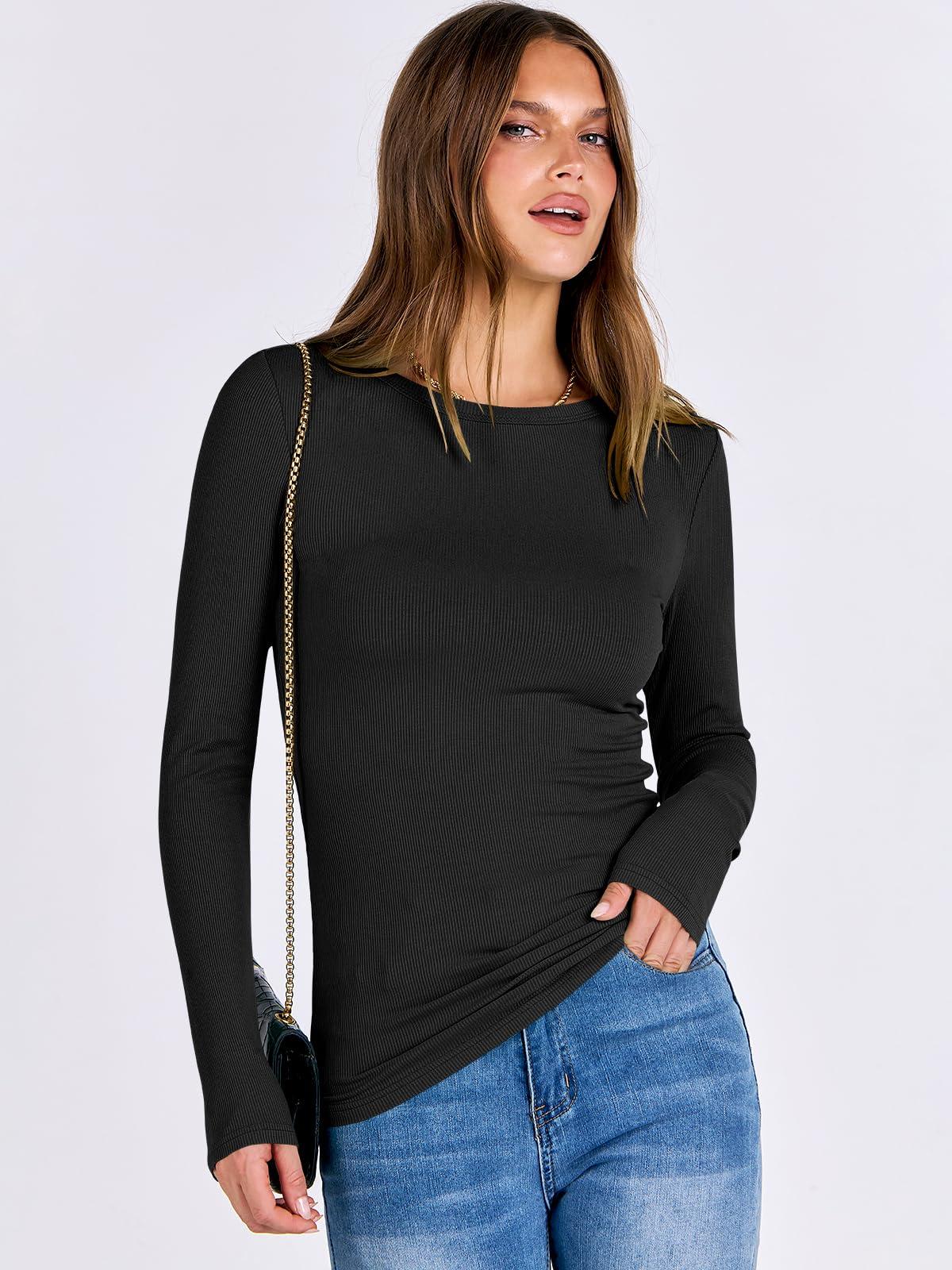 ANRABESS Women Long Sleeve Crewneck Rib Knit Slim Fit Shirts Basic Tee Tops 2025 Casual T-Shirt Going Out Workout Outfits - Image 4