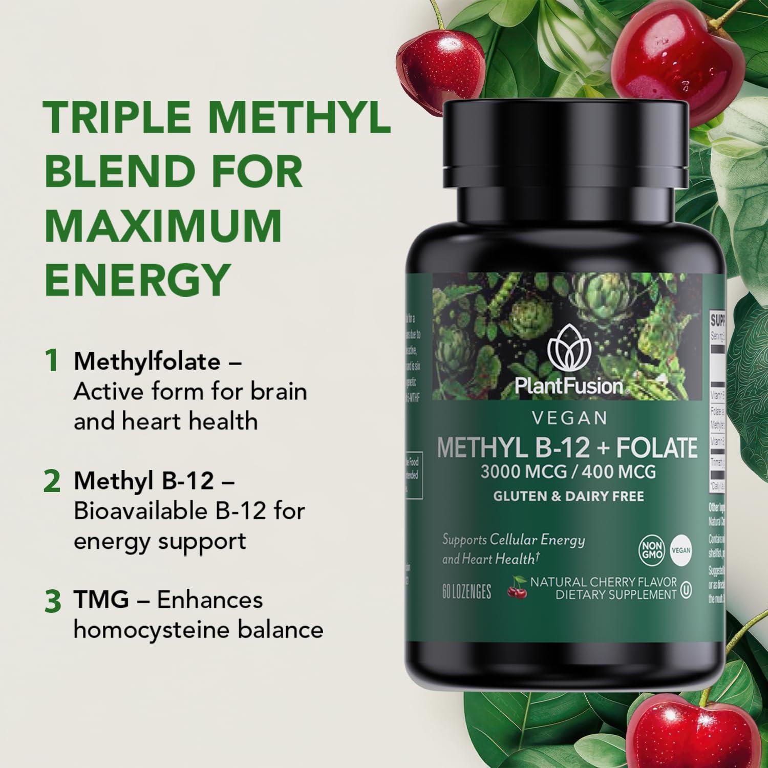 PlantFusion Methylated Vitamin B Complex – Vegan B12 3000mcg, Vegan Methylfolate (5-MTHF) 400mcg, B6 & TMG – Cherry-Flavored Lozenges – 60 Count - Image 5