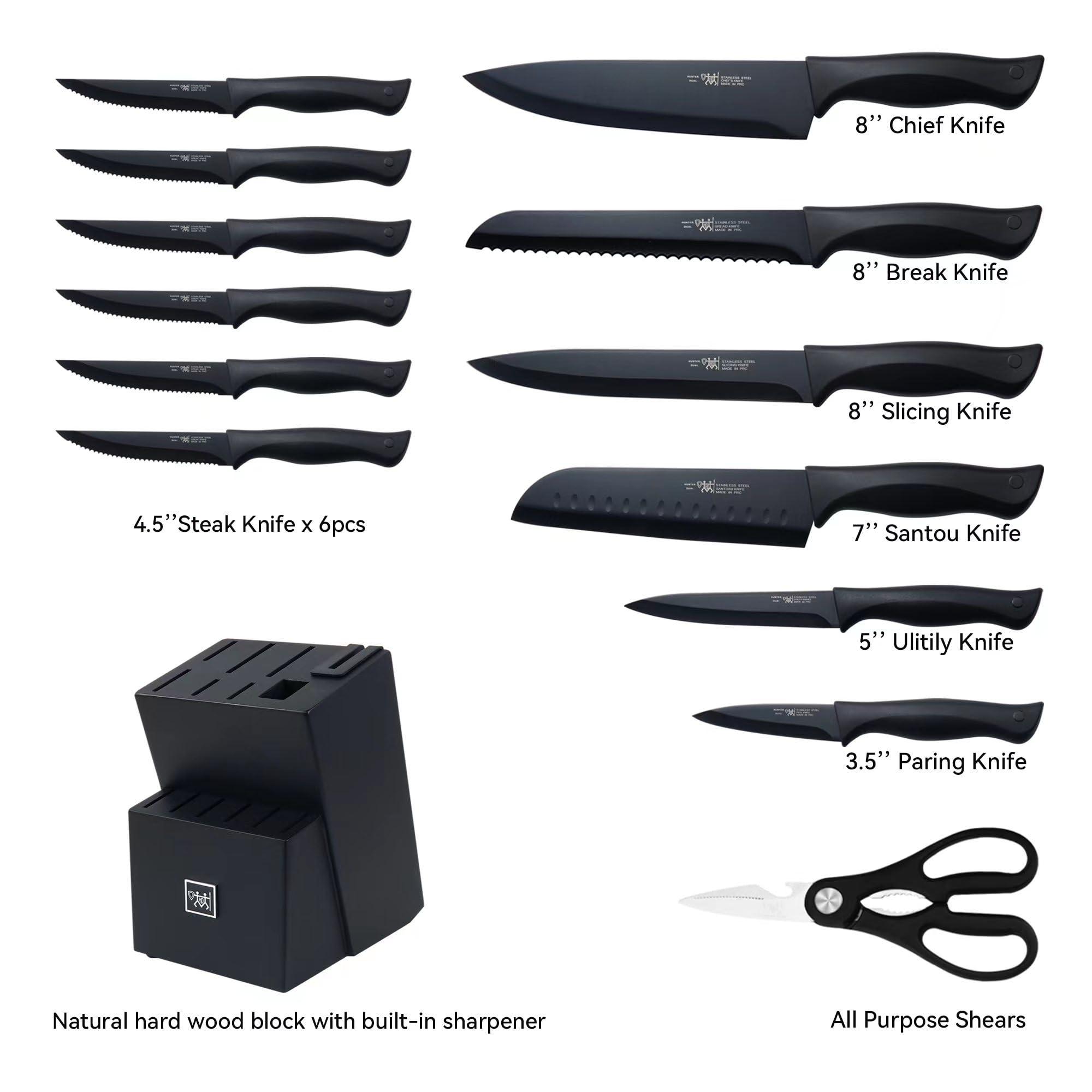 Knife Set, HUNTER.DUAL 15 Pcs Kitchen Knife Set with Block Self Sharpening, Dishwasher Safe, Anti-slip Handle, Black - Image 3