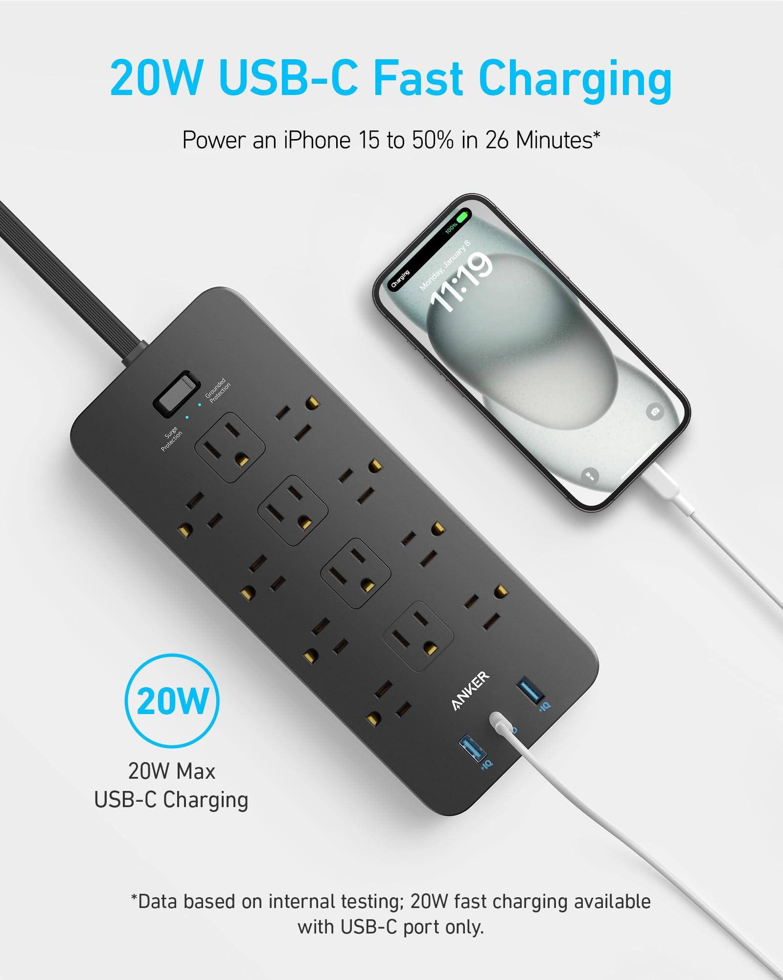 Anker Surge Protector Flat Plug Power Strip(2100J), 12 AC Outlets, 5feet Flat Extension Cord, 1USB C and 2 USB Ports for Multiple Devices, 20W Fast Charging for Home, Office, Dorm Essential, TUV - Image 4