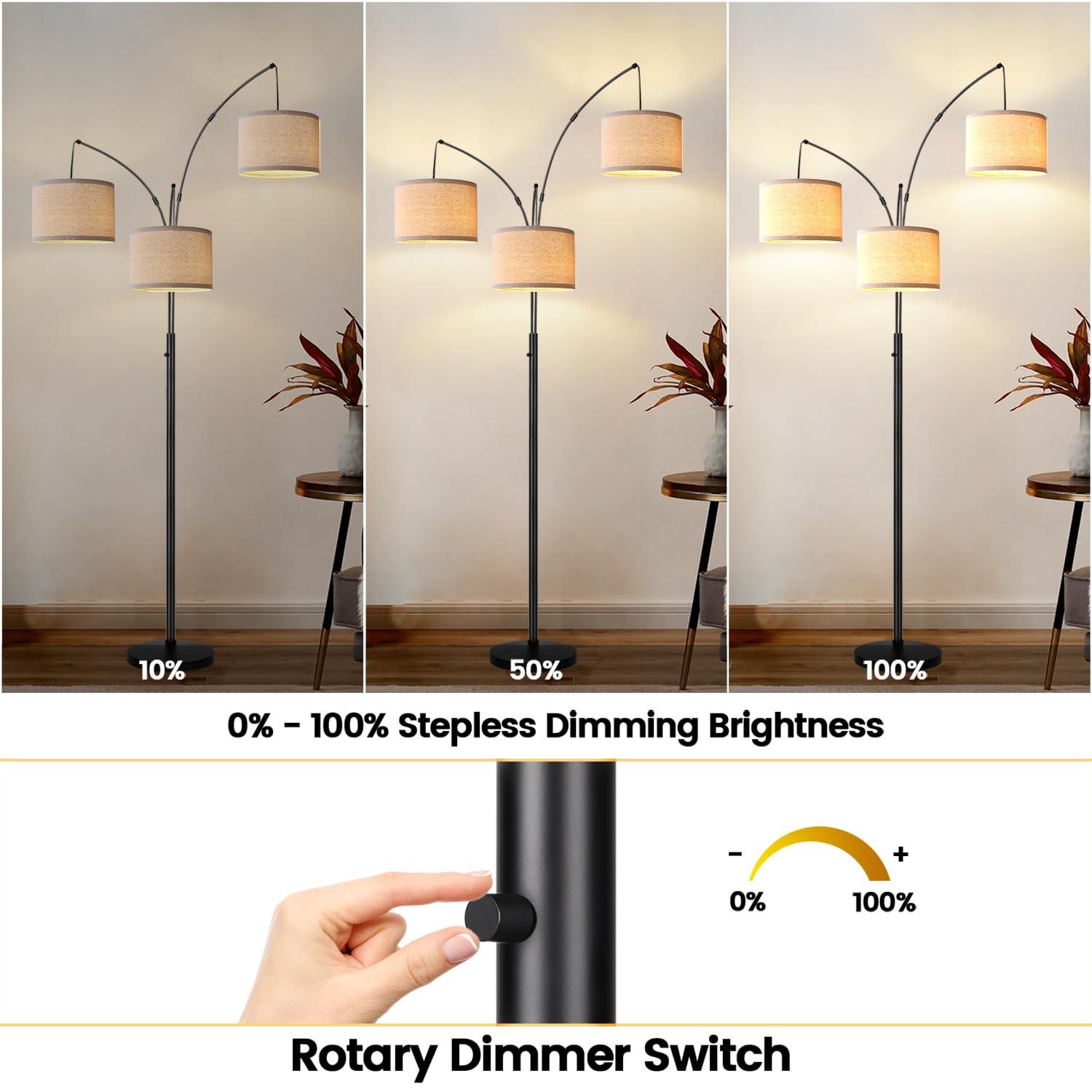 Dimmable Floor Lamp - 3 Lights Arc Floor Lamps for Living Room, 1000LM Modern Tall Standing Lamp With Beige Shades & Heavy Base, Mid Century Tree Floor Lamp for Bedroom Office, 3 LED Bulbs Included - Image 3