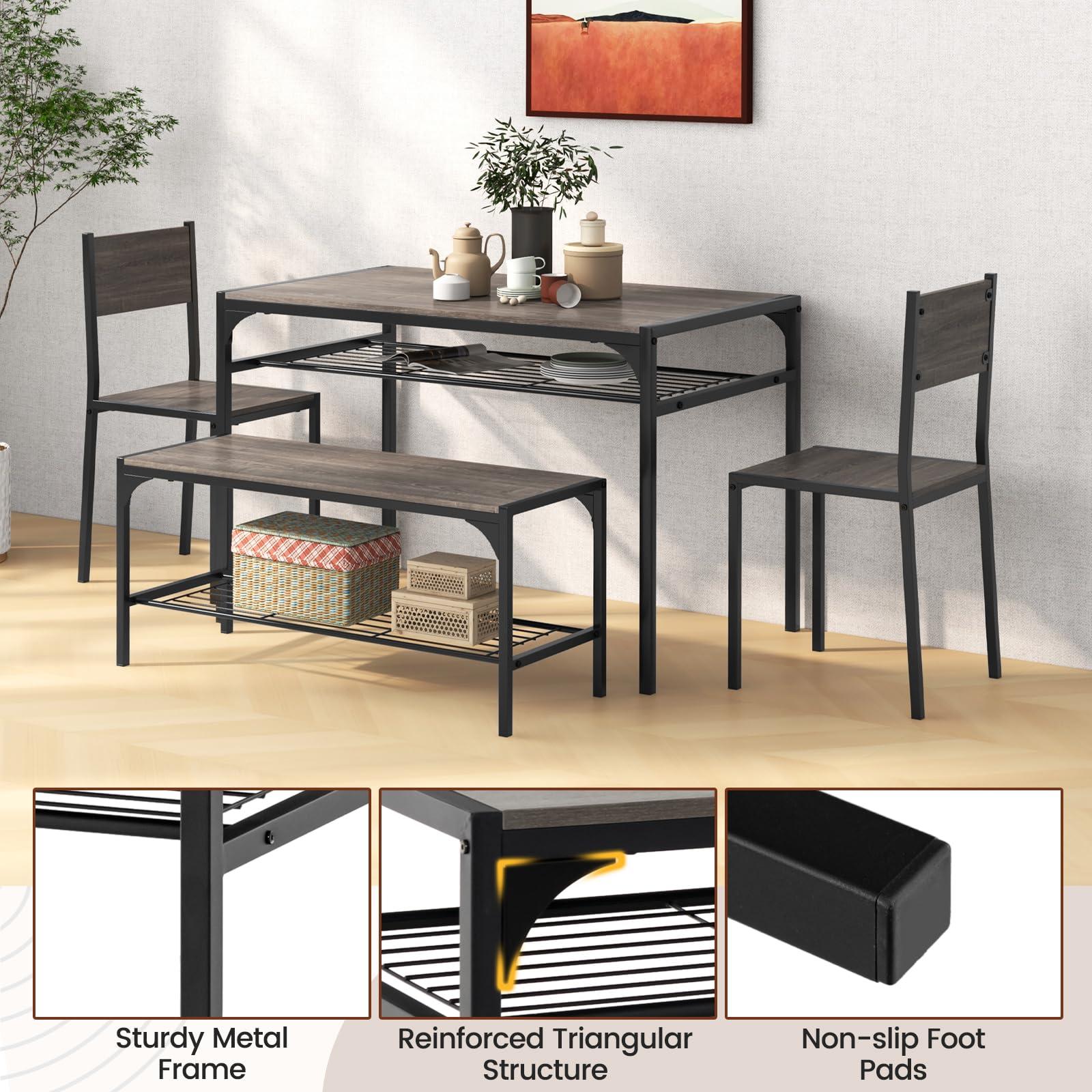 COSTWAY 4 Pieces Dining Table Set, Kitchen Table and 2 Chairs for 4 with Bench, Storage Racks, Metal Frame & Space-saving Design, Industrial Kitchen Table Set for Small Space, Apartment (Black & Grey) - Image 6