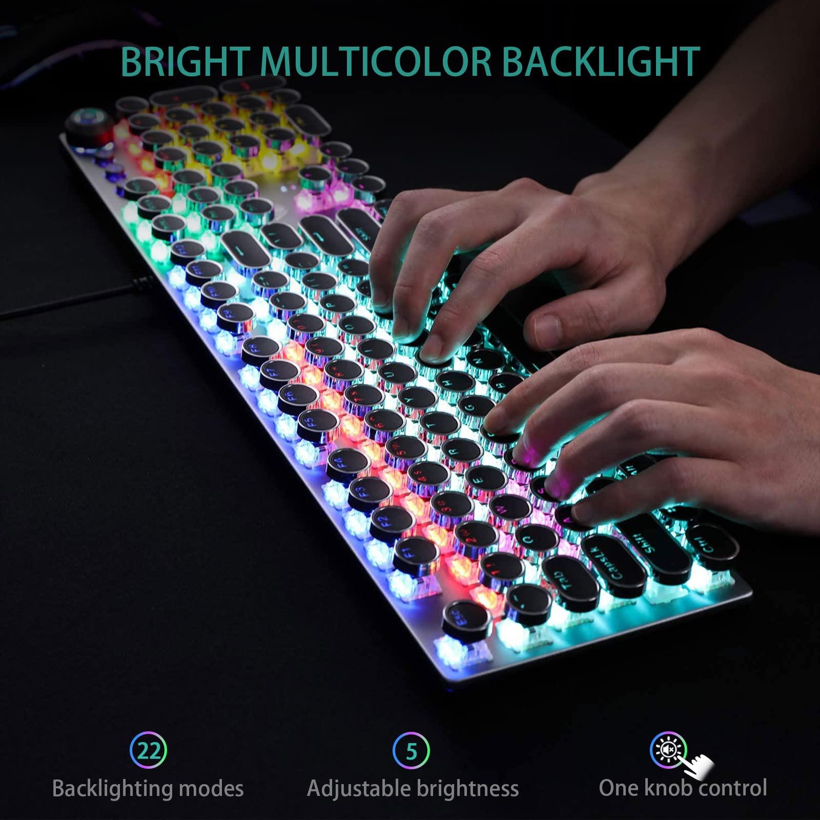 AULA F2088 Typewriter Style Mechanical Gaming Keyboard Blue Switches,Rainbow LED Backlit,Removable Wrist Rest,Media Control Knob,Retro Punk Round Keycaps,USB Wired Computer Keyboard - Image 2