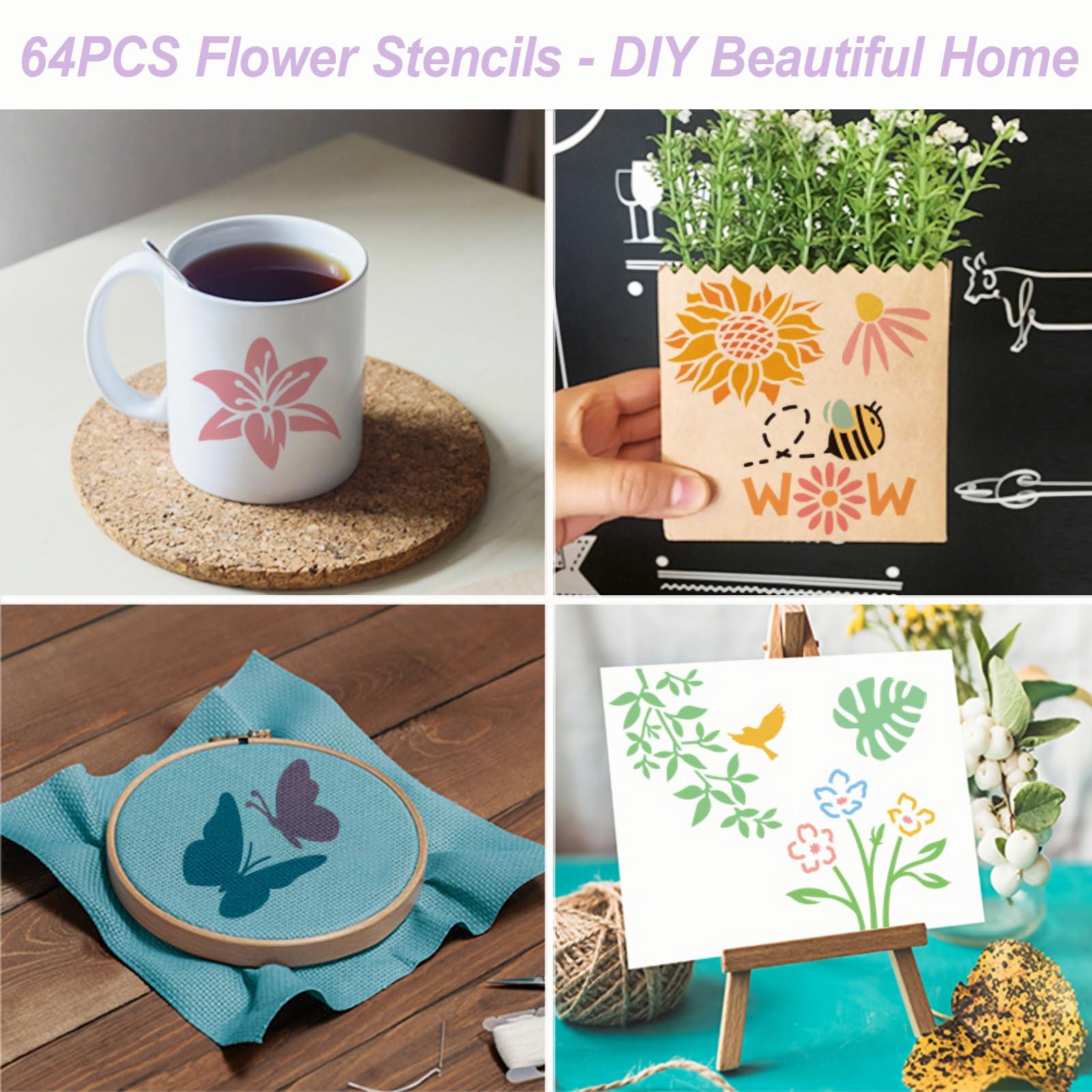 Flower Stencils for Painting, Professional Art Drawing Templates 64PCS 3x3 Clear PET Plastic with Rose Sunflower Patterns for Home Wall Art, Canvas Painting, Furniture Decor and DIY Crafts - Image 2