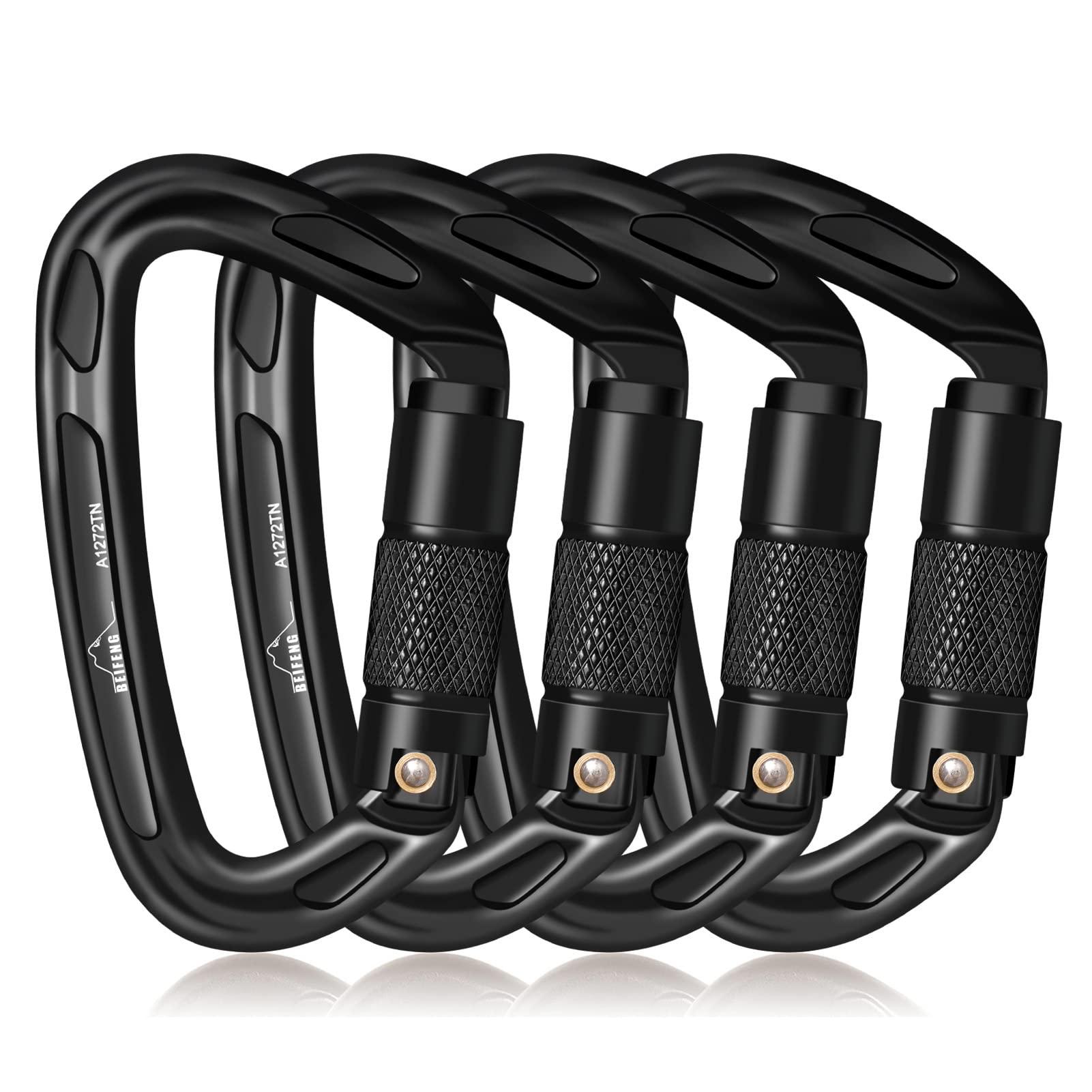 BEIFENG 25KN Auto Locking Carabiner - UIAA Certified Heavy Duty Climbing Carabiners for Rock Climbing, Camping, Rappelling, Hunting, Rescue Equipment - Professional Carabiner Clips (Black)