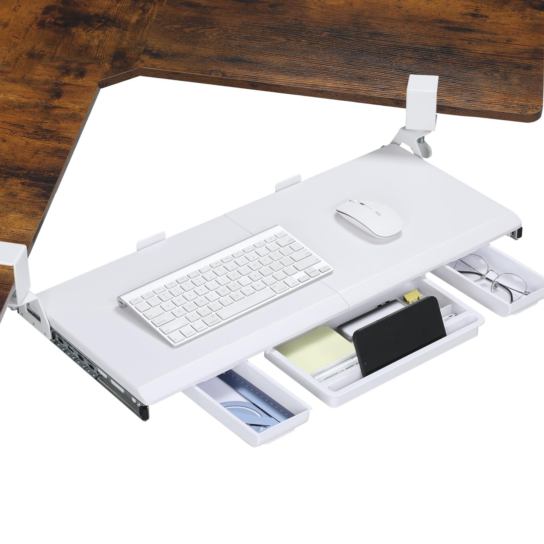 ETHU Keyboard Tray Under Desk, Ergonomic Corner Keyboard Tray with 180° Adjustable C Clamp for L Shape Desk 26.77" X 12.2" Easy to Install, Computer Keyboard Stand for Home and Office (White)
