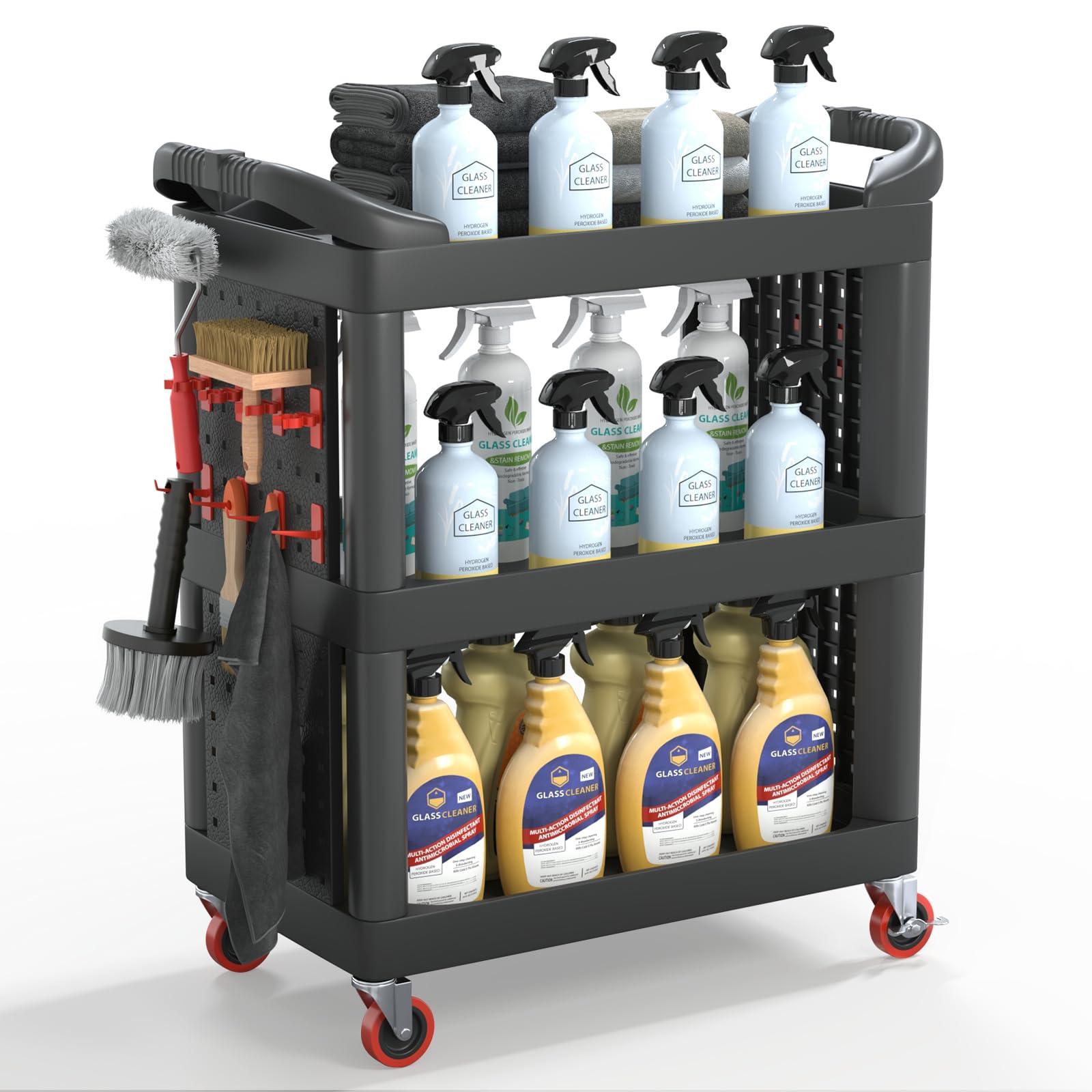 Pelnuies 3 Tier Auto Detailing Cart, 350 LBS Capacity Detail Cart with Grooves, 2 Hanging Plate and Hooks, Cleaning Carts on Wheels for Detailers Garage, Workshop, Repair Shop, Black