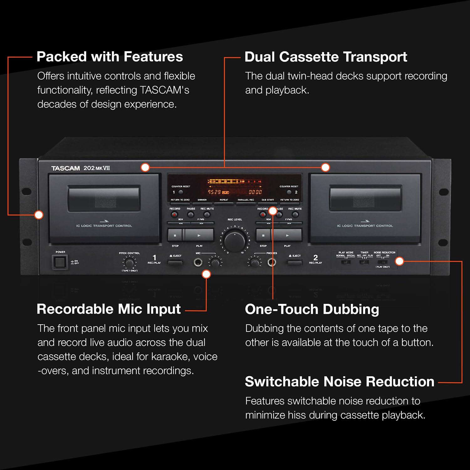 Tascam 202MKVII Double Cassette Deck Recorder with USB Port, Dual Cassette Deck - Image 3