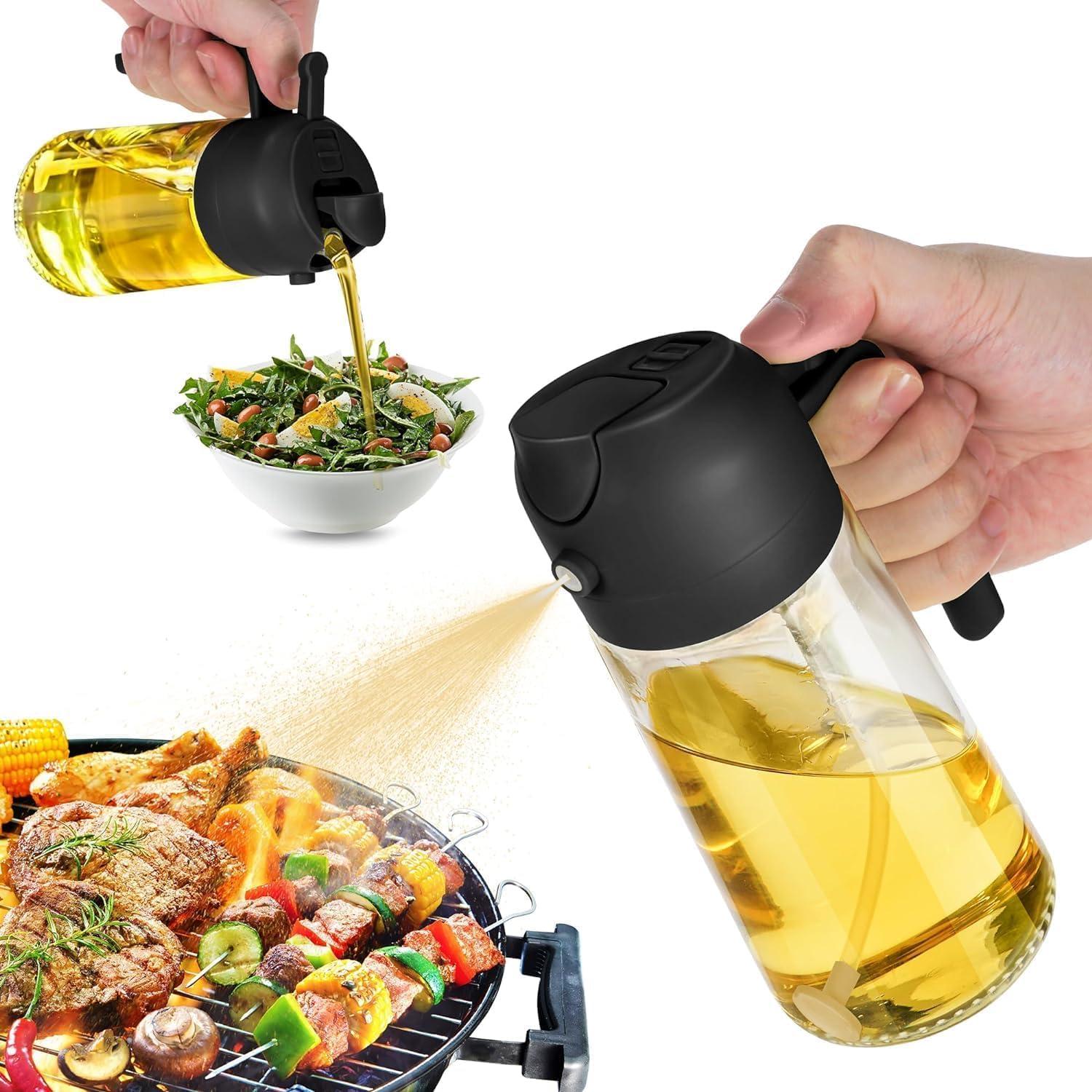 Olive Oil Dispenser Bottle for Kitchen - 2 in 1 Oil Dispenser and Oil Sprayer for Cooking, Air Fryer, Salad, BPA-Free 470ml Olive Oil Sprayer Black