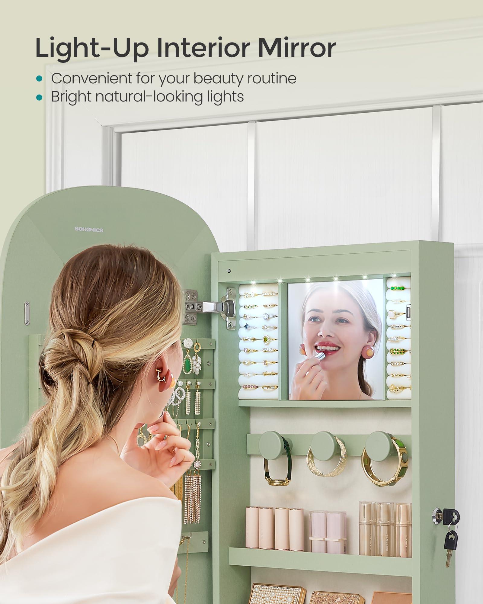 SONGMICS Jewelry Organizer, LED Jewelry Cabinet Wall/Door Mounted, Lockable Rounded Wide Mirror with Storage, Interior Mirror, 3.9 x 16.5 x 42.5 Inches, Laurel Green Surface with Cream White Lining - Image 7