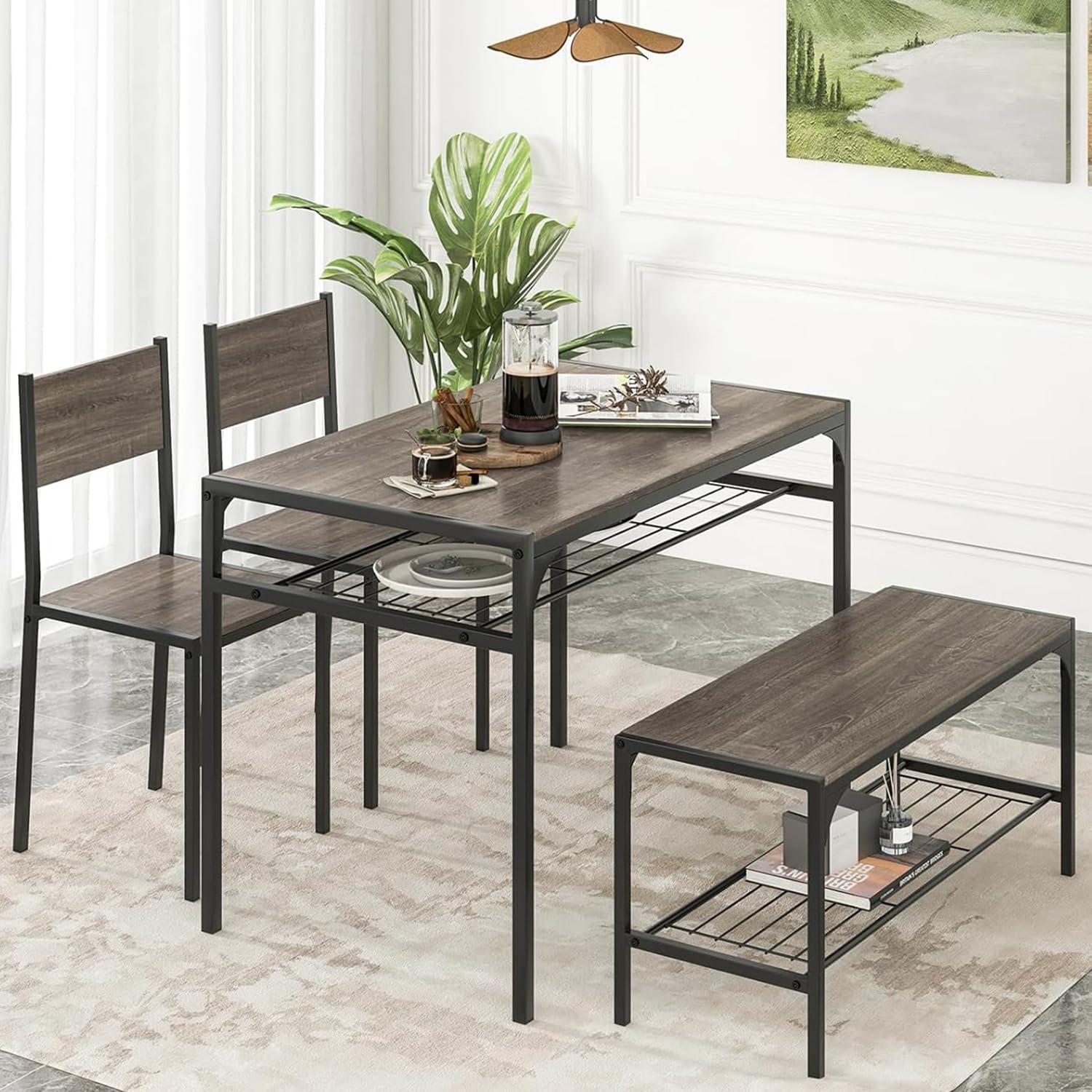 Tangkula Dining Table Set for 4, Kitchen Table and 2 Chairs for 4 with Bench, Additonal Storage Rack, 4 Piece Dining Table Set for Small Space, Apartment - Image 2