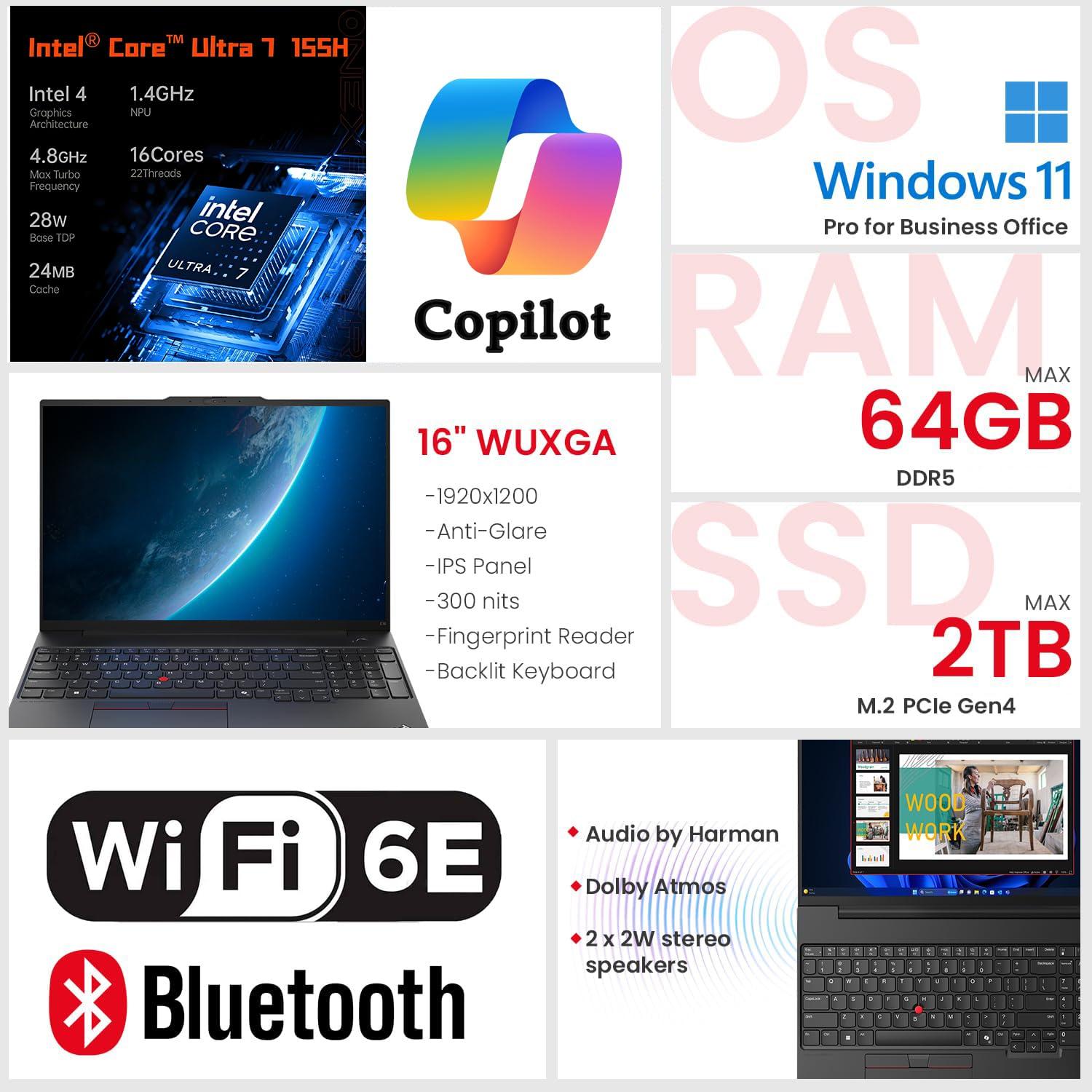 Lenovo ThinkPad E16 G2 Business Laptop Computer, Intel 16-Core Ultra 7 155H (Beat i7-13705H), 64GB DDR5 RAM, 2TB PCIe SSD, 16" FHD+, WiFi 6E, Backlit Keyboard, Fingerprint Reader, W11 Pro, Vent-Hear - Image 2