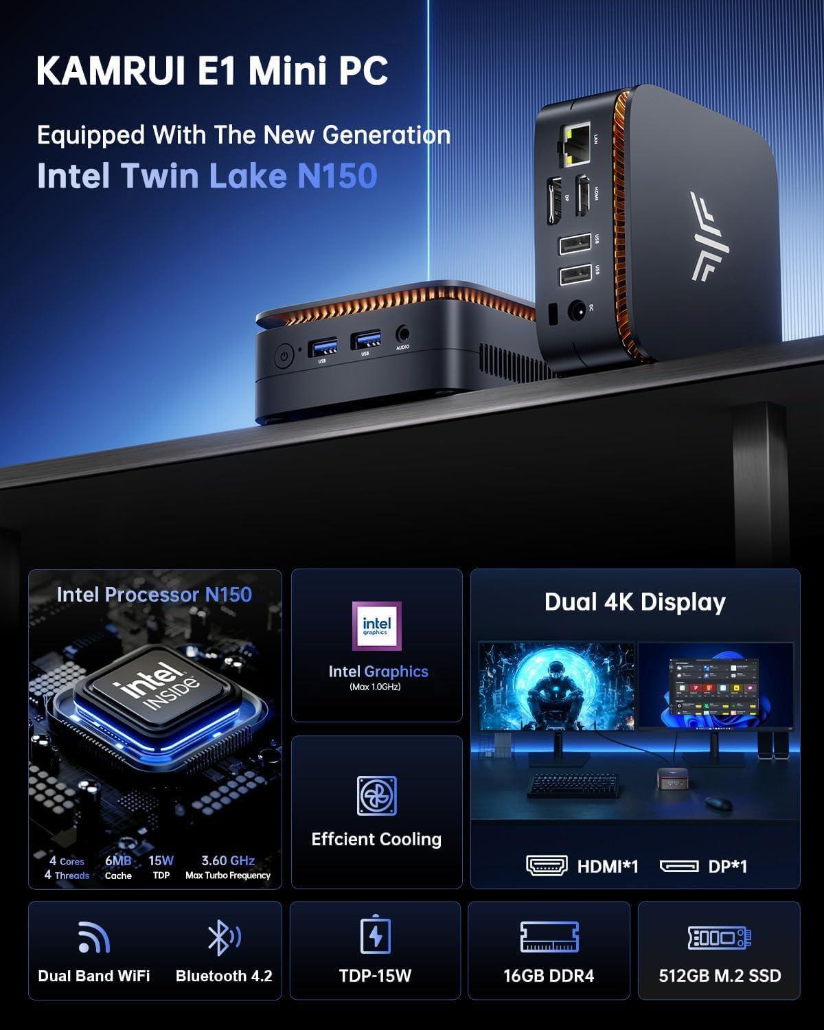 KAMRUI Mini PC, 16GB DDR4 RAM 512GB M.2 SSD, Mini Computer Intel Twin Lake N150 (Upgraded N100, 4 Cores, up to 3.6GHz), Desktop Computer Dual 4K, Ethernet, WiFi, Bluetooth for Business, Office, Home - Image 2