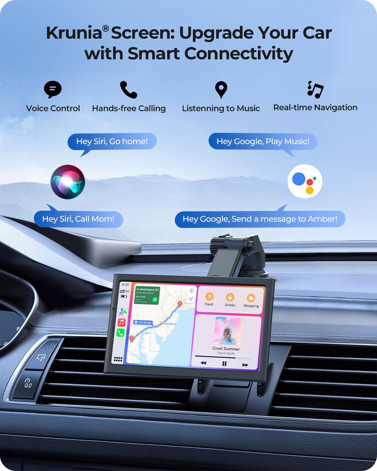 Krunia 7" Wireless Portable 60FPS Car Play Screen for Apple CarPlay & Android Auto, Portrait and Landscape Modes, Mirror Link, Bluetooth, Voice Control, GPS Navigation - Image 4