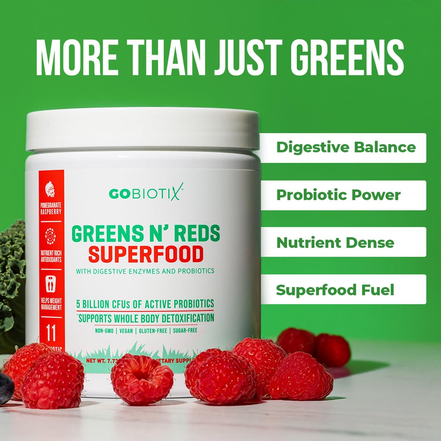 GOBIOTIX Super Greens and Reds Powder - Red and Green Superfood - Probiotic Supplement - Digestive Enzymes and Beet Root Powder - Organic Whole Foods Dietary Supplement (Pom Raspberry, 1 Pack) - Image 3