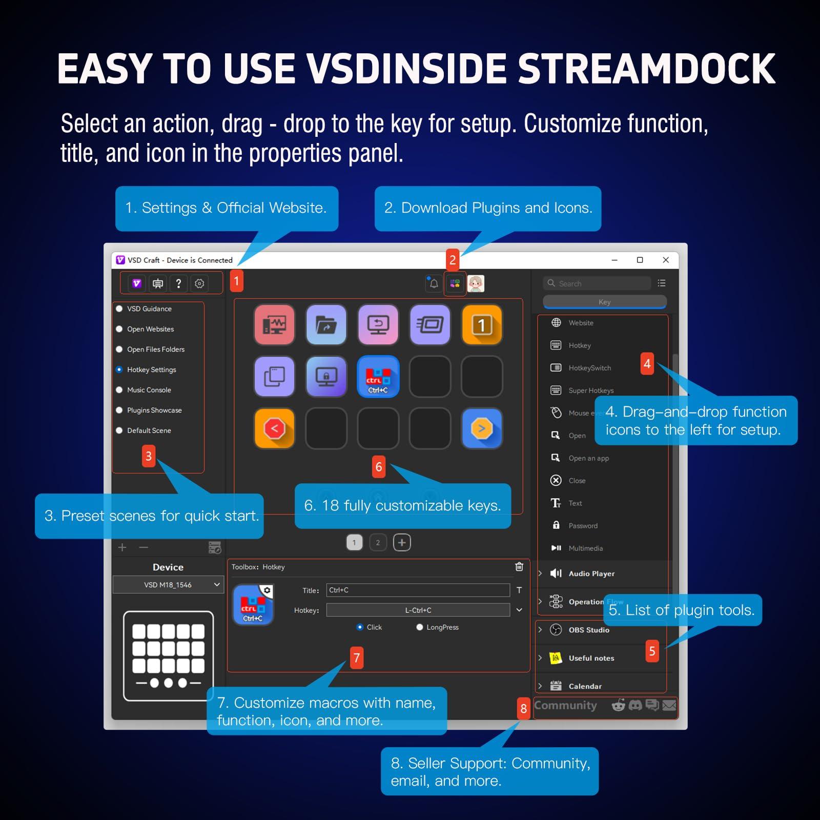 VSDINSIDE Macro Keypad, Stream Controller Deck Gaming Streaming Shortcut Keyboard, 18 Programmable Keys Customizable Visual AI Pad USB Soundboard for OBS, YouTube, Desk Office Setup, Laptop, PC, Mac - Image 8