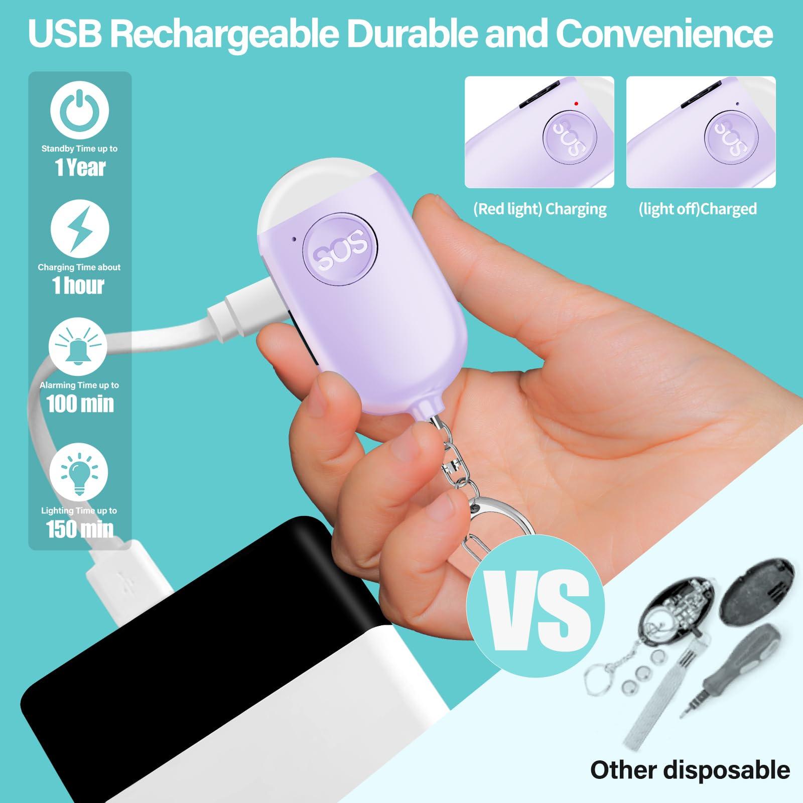 Hion Personal Safety Alarms for Women, Rechargeable 130dB Self Defense Alarm Keychain with LED Flashlight, Emergency Safe Sound Security Alarm for Children Elderly College Girls Men(Purple) - Image 5