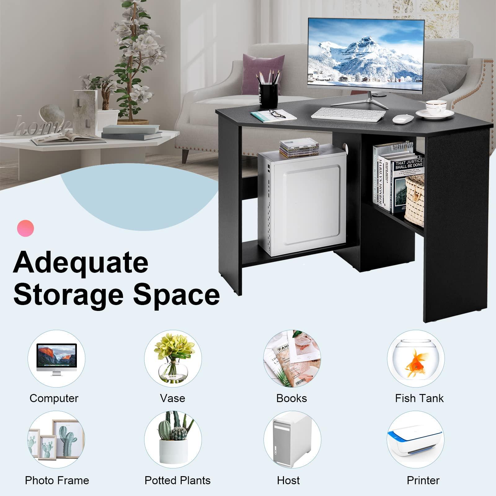 Tangkula Corner Desk, 90 Degrees Triangle Computer Desk for Small Space, Space Saving Bedroom Corner Makeup Vanity Desk with Storage Shelves & CPU Stand, - Image 8