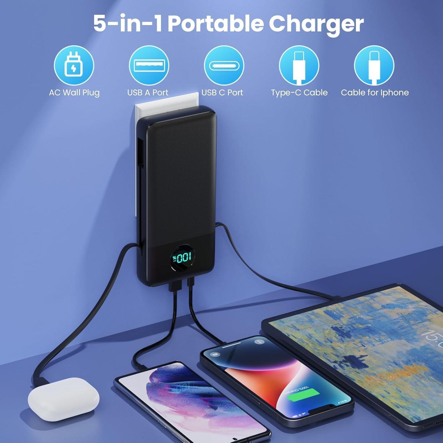 Portable Charger USB C Power Bank with 2 Built in Cables & AC Wall Plug,13800mAh Portable Battery Pack Fast Charging Compact LED Display Universal Compatible with iPhone 16/15,Galaxy S23,Tablets etc - Image 3
