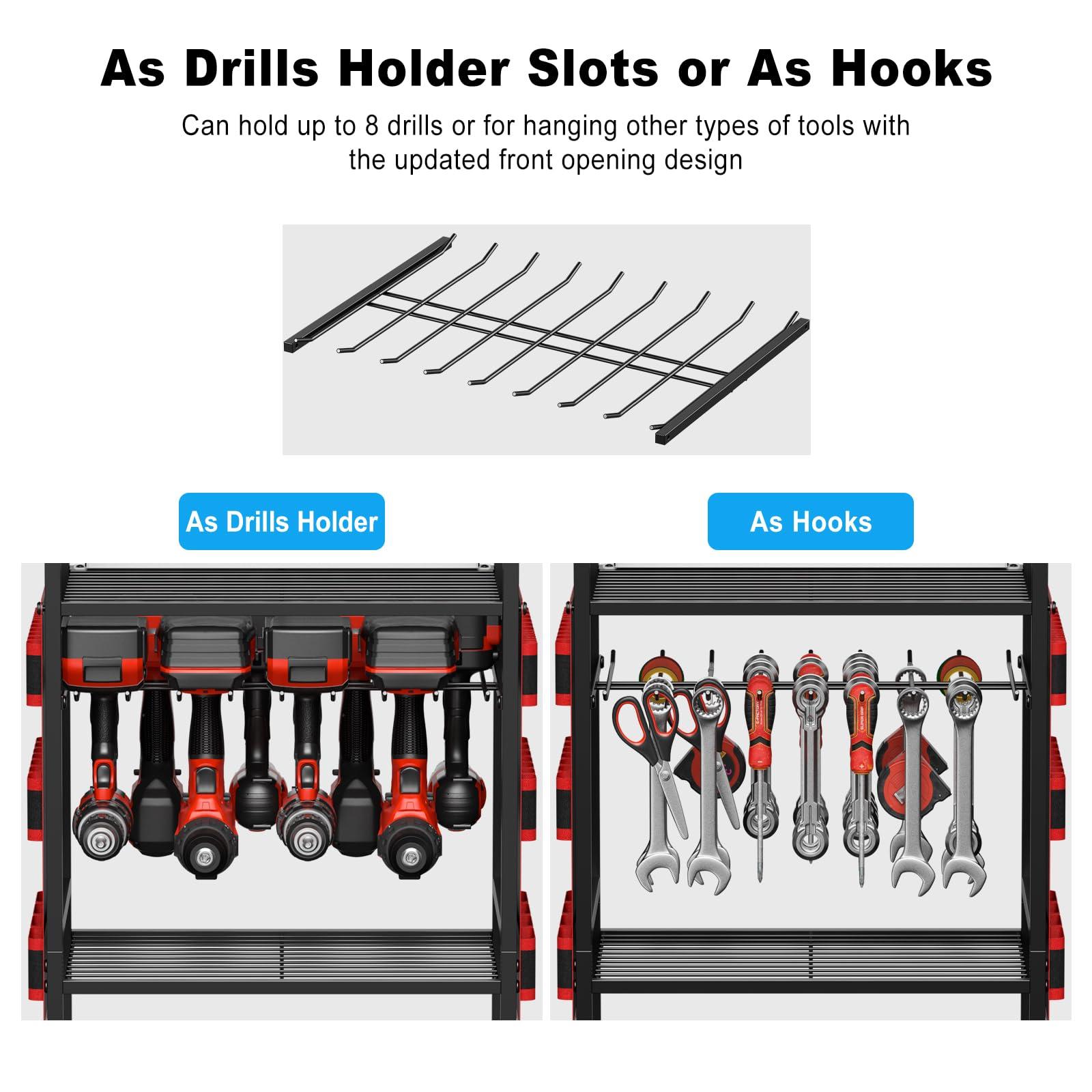 JUNNUJ Large Power Tool Organizer Cart with Charging Station, Garage Floor Standing Rolling Drill and Tools Battery Storage Cart on Wheels, Heavy Duty Utility Rack Shelf with 8 Outlet Power Strip, Red - Image 5
