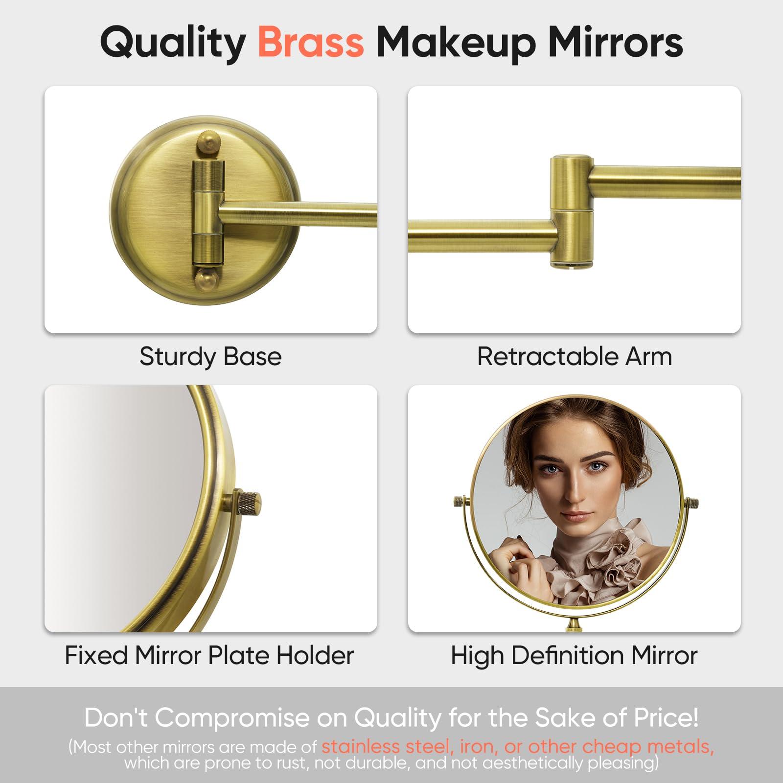 GURUN 8" Wall Mounted Makeup Mirror with 10X Magnification,Two-Sided Swivel Bathroom Mirror,Antique Satin Brass Finish M1306K(8in,10x) - Image 3