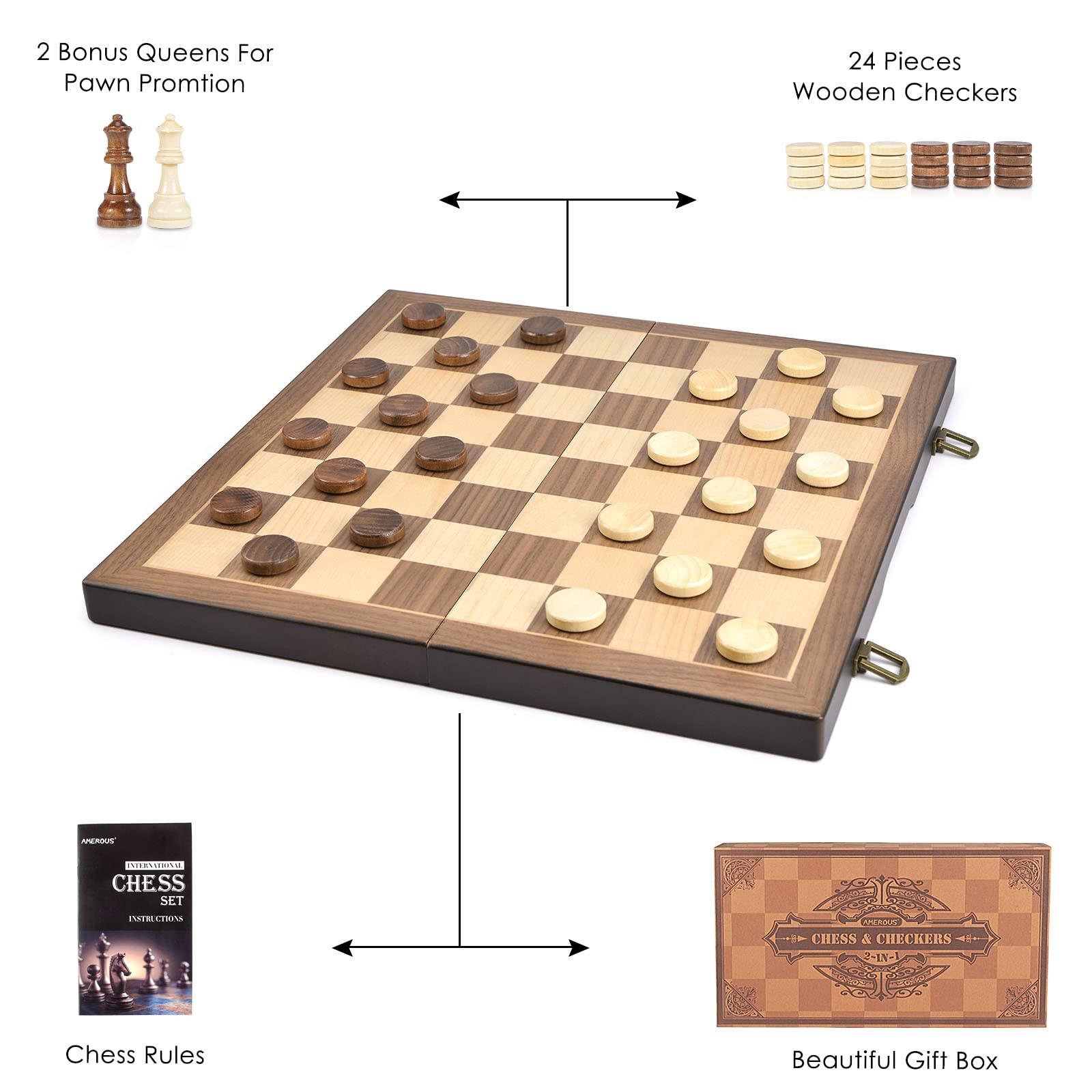 AMEROUS Magnetic Wooden Chess and Checkers Game Set, 15 Inches (2 in 1) Chess Board Games, 2 Extra Queens - Gift Package - Game Pieces Storage Slots, Beginner Chess Set for Kids, Adults - Image 8