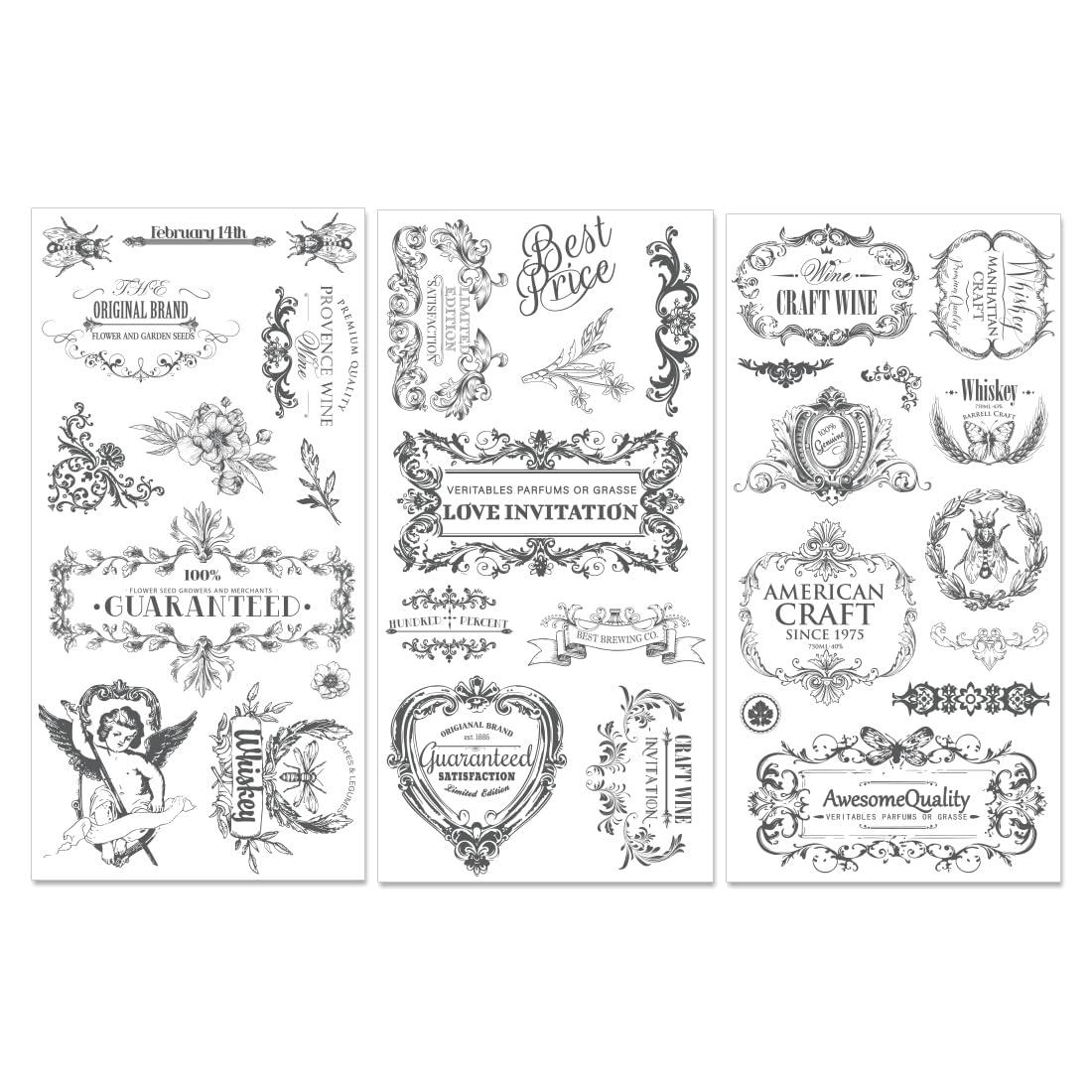 PLIGREAT 3 Sheets Vintage Label Rub on Transfers for Crafts and Furniture, Rub on Transfer Stickers Home Decor Transfer Paper for DIY Wood Furniture Drawer Cabinet Fridge Door Table Chair Decoration