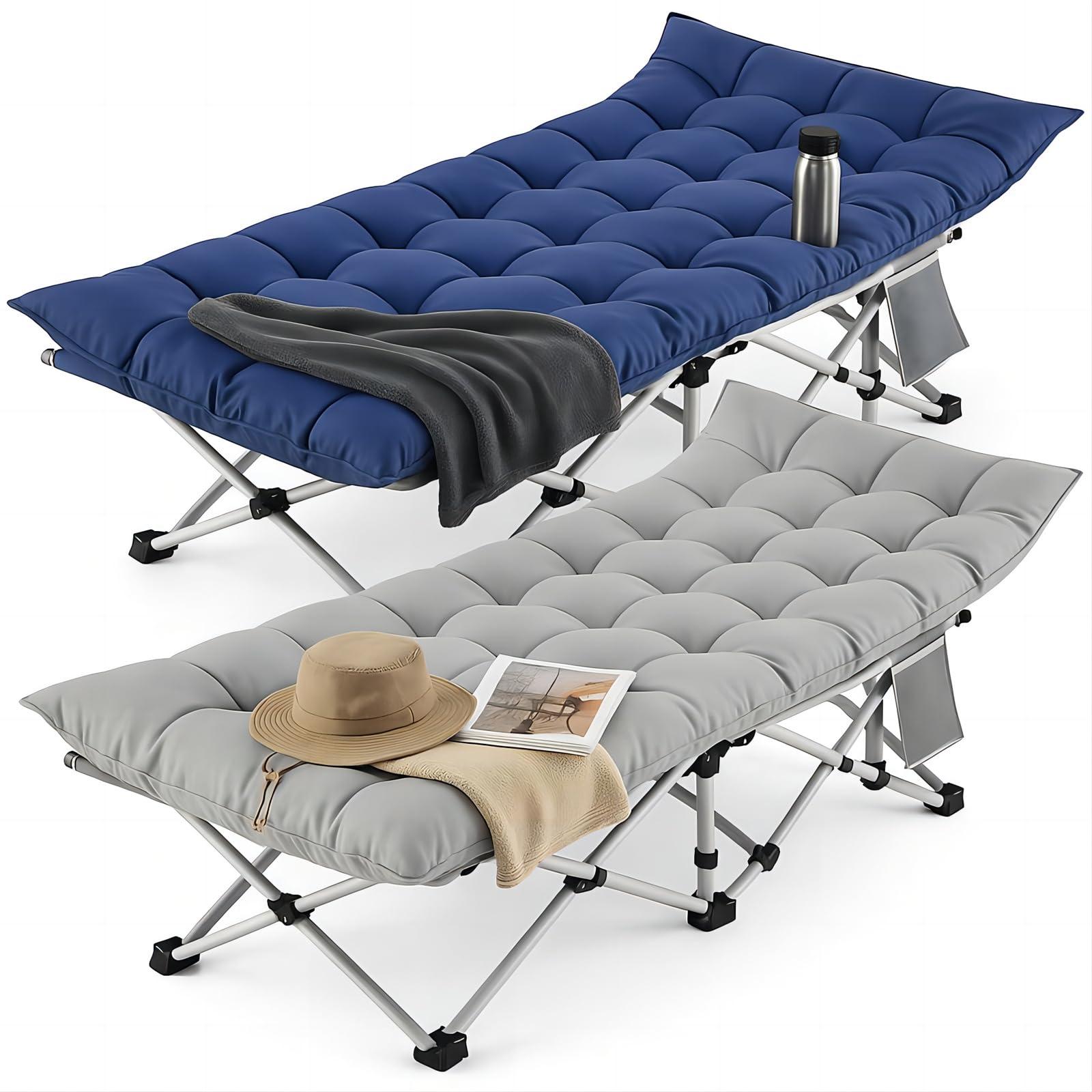 Fenbeli Folding Camping Cot for Adults, 2 Pack Heavy Duty Sleeping Cots with Carry Bag, Double Layer Oxford Portable Travel Camp Cots for Outdoor Camp Beach Home Office (Blue Pad & Gray Pad, 2PACK)