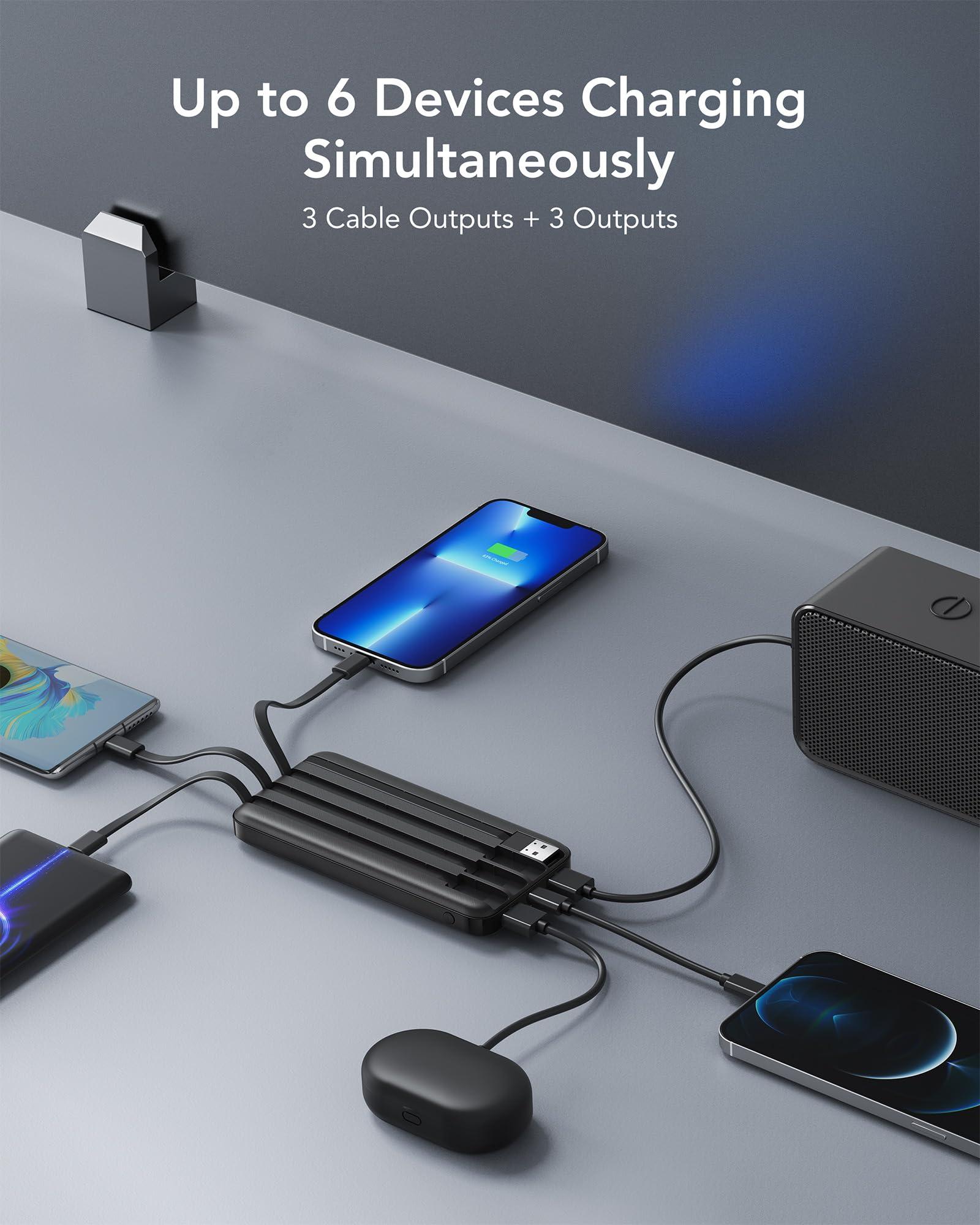 Portable Charger with Built in Cables, Portable Charger with Cords Wires Slim 10000mAh Travel Essentials Battery Pack 6 Outputs 3A High Speed Power Bank for iPhone Samsung Pixel LG Moto iPad - Image 4