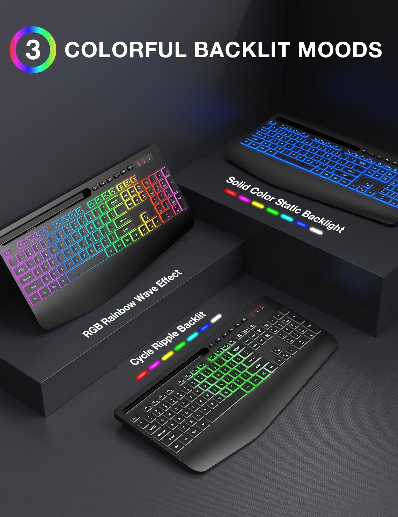 Wireless Keyboard with 8 Colored, 9 Effects Backlits, Wrist Rest, Phone Holder, Rechargeable Ergonomic Computer Keyboard with Silent Keys, 2.4G Lag-Free Cordless Set for PC, Laptop, Windows, MacBook - Image 3