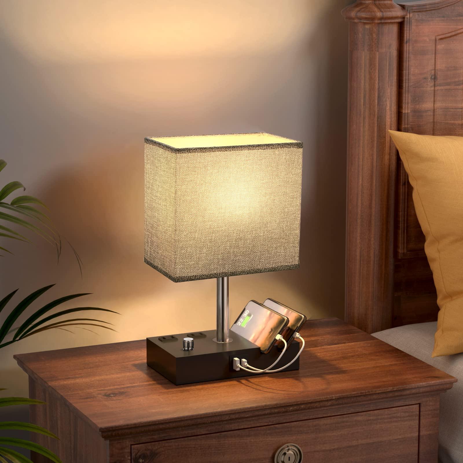 Kakanuo Fully Dimmable Nightstand Lamp for Bedroom with USB C Ports, Grey Small Bedside Table Lamp with Charging Outlets and Phone Stands, Wooden Desk Lamp for Living Room, LED Bulb Included - Image 6