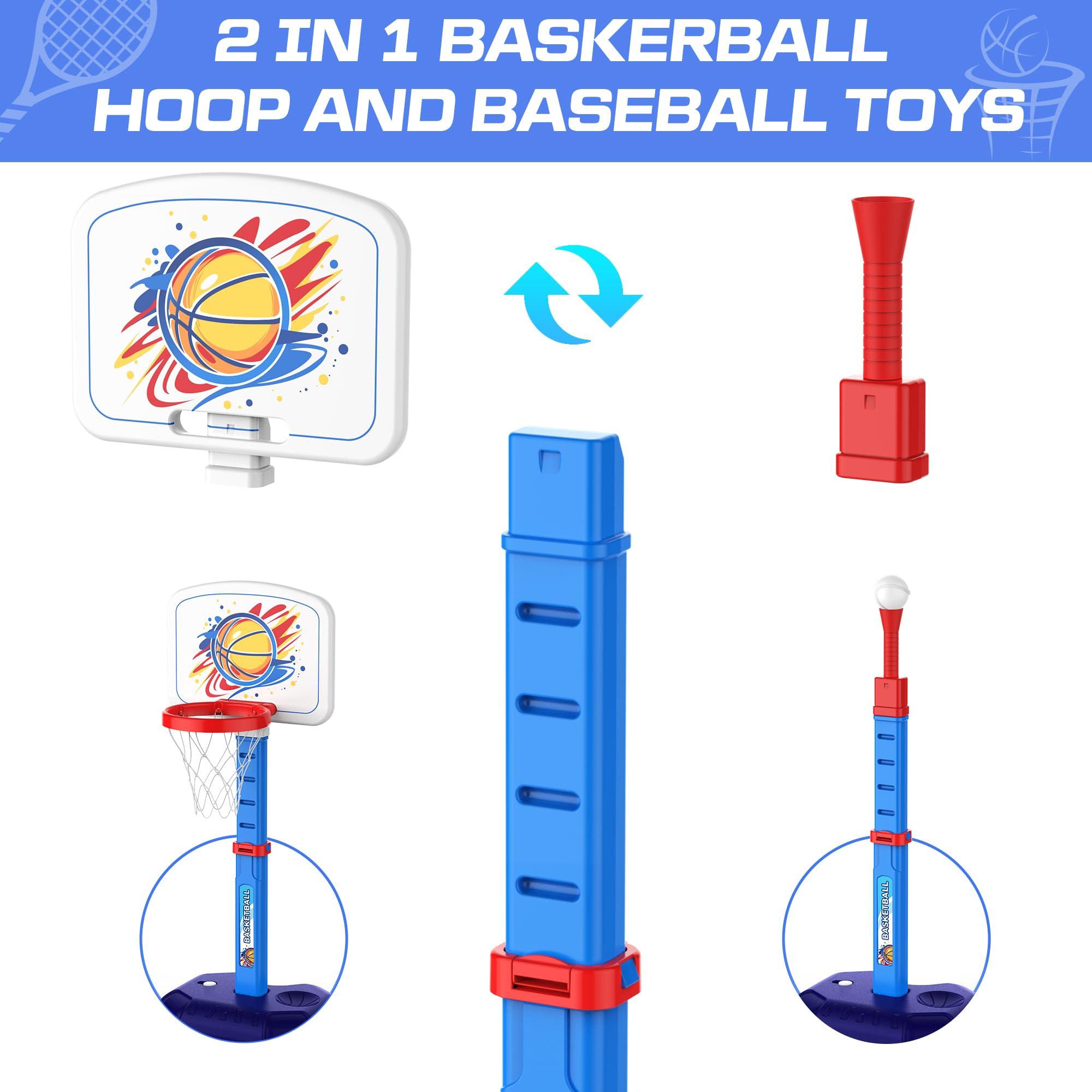 4 in 1 Kids Basketball Hoop and T Ball Set & Ring Toss Game Blue&Pink - Image 7