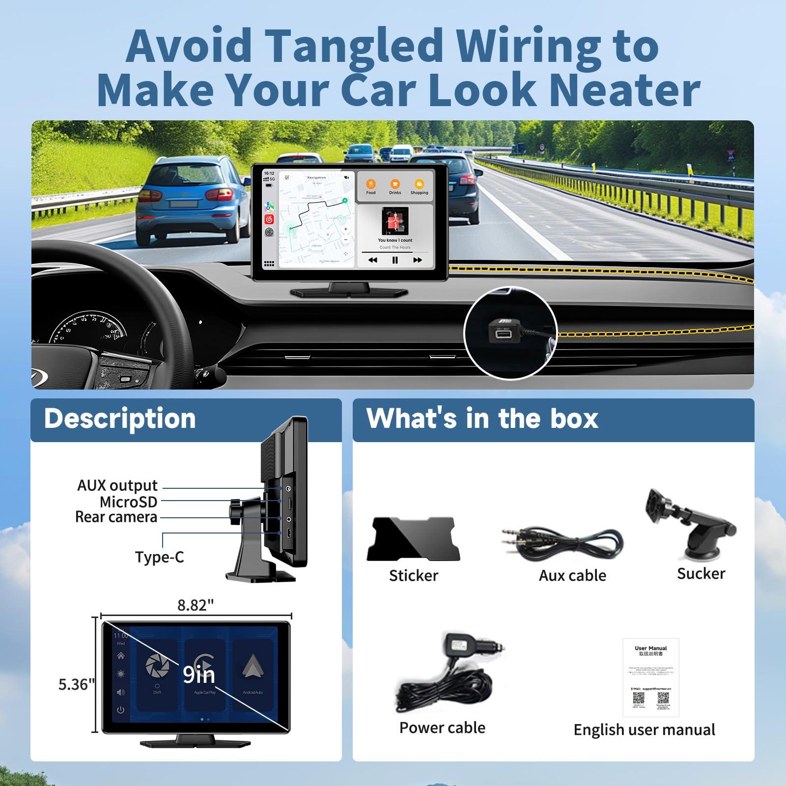 9 inch HD Portable Wireless carplay Screen for car & Android Auto Touchscreen With1080P Backup Camera/Mirror Link/Navigation/Car Stereo/Drive Play/Bluetooth/Voice Control - Image 9