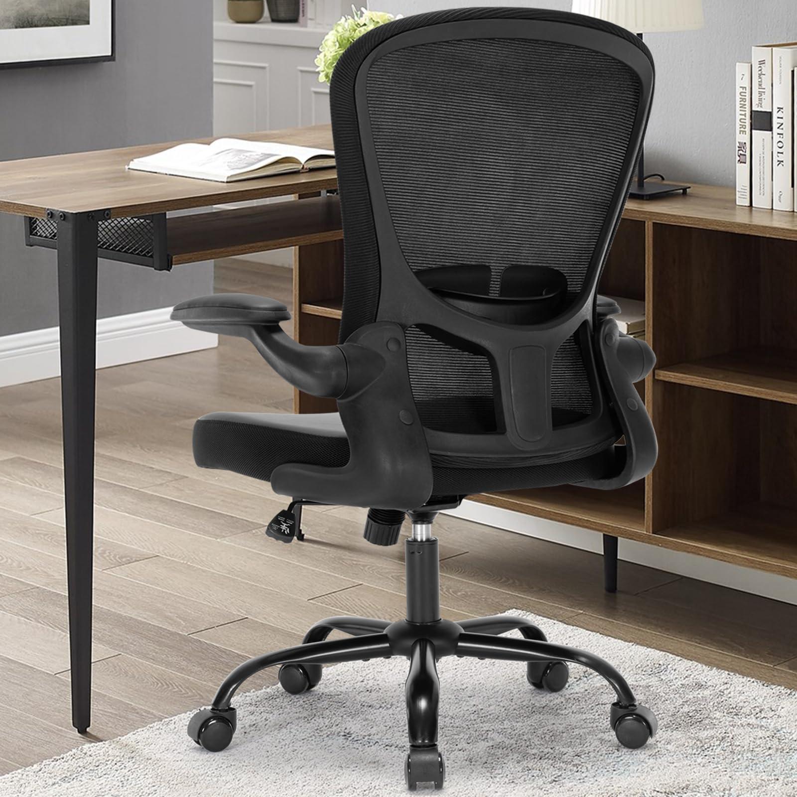 HOMIFYCO Office Chair, Ergonomic Desk Chair with Flip-up Armrests, PU Leather Computer Chair Home Office Desk Chairs with Lumbar Support, Mesh Swivel Executive Chair Rolling Task Chair, Black - Image 2