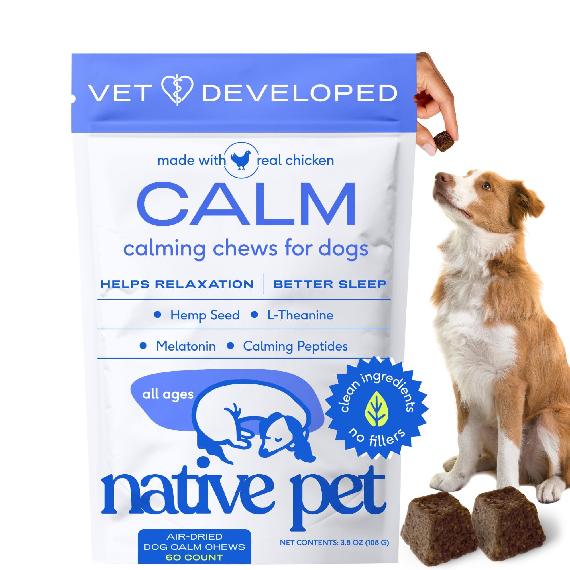 Native Pet Calming Chews for Dogs - Melatonin for Dogs Anxiety Relief - Grain Free All Natural Hemp Calming Treats & L-Theanine Helps Manage Stress & Separation Anxiety - Puppy Sleep Aid - 60 Chews