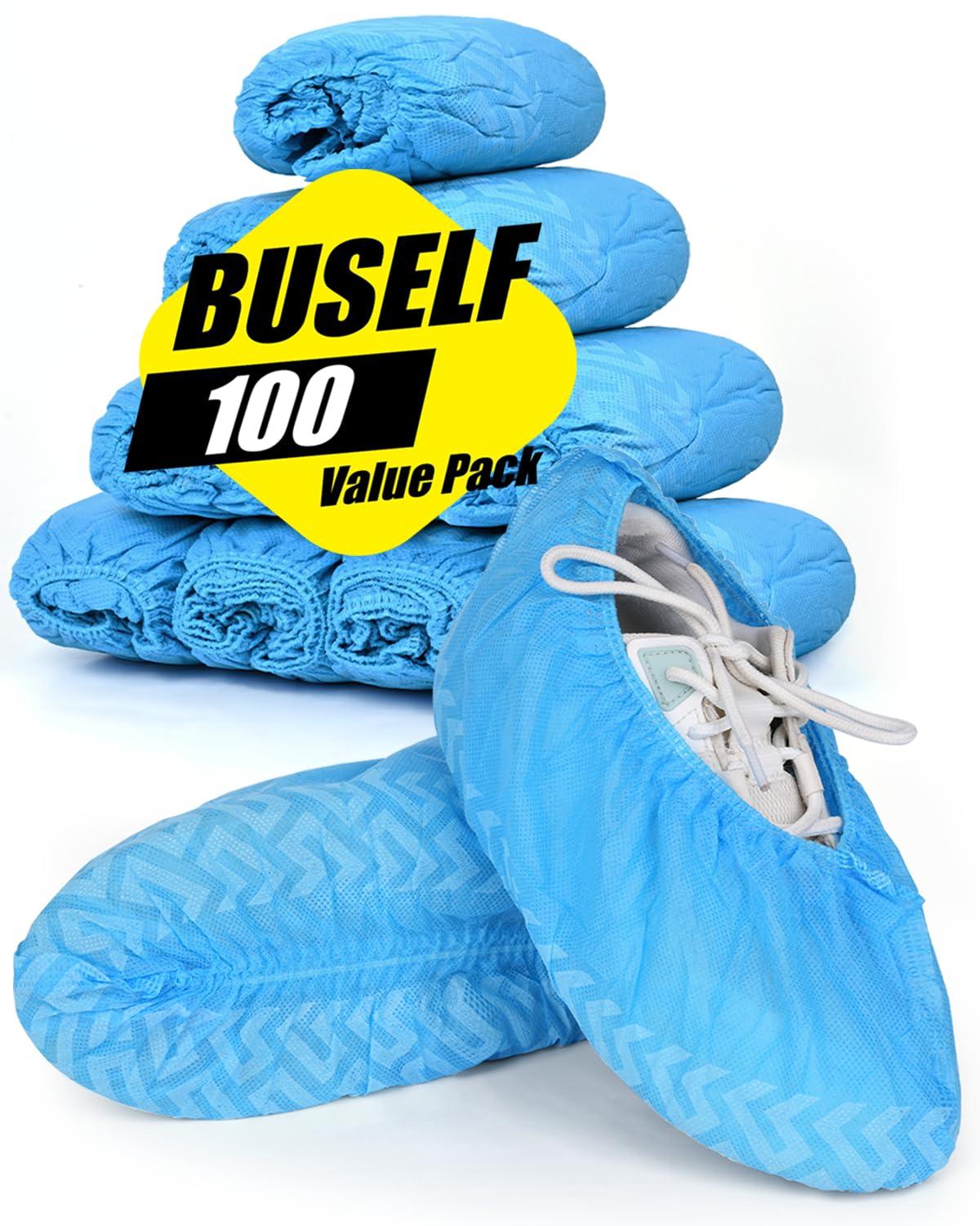 Buself X-Large 100 Count Shoe Covers Disposable Non-Slip, Premium Cloth Boot Covers, Slip-resistant, Durable, Breathable, Non-toxic, Recyclable, Stretchable Fits Up to Size 13 US Men - Blue