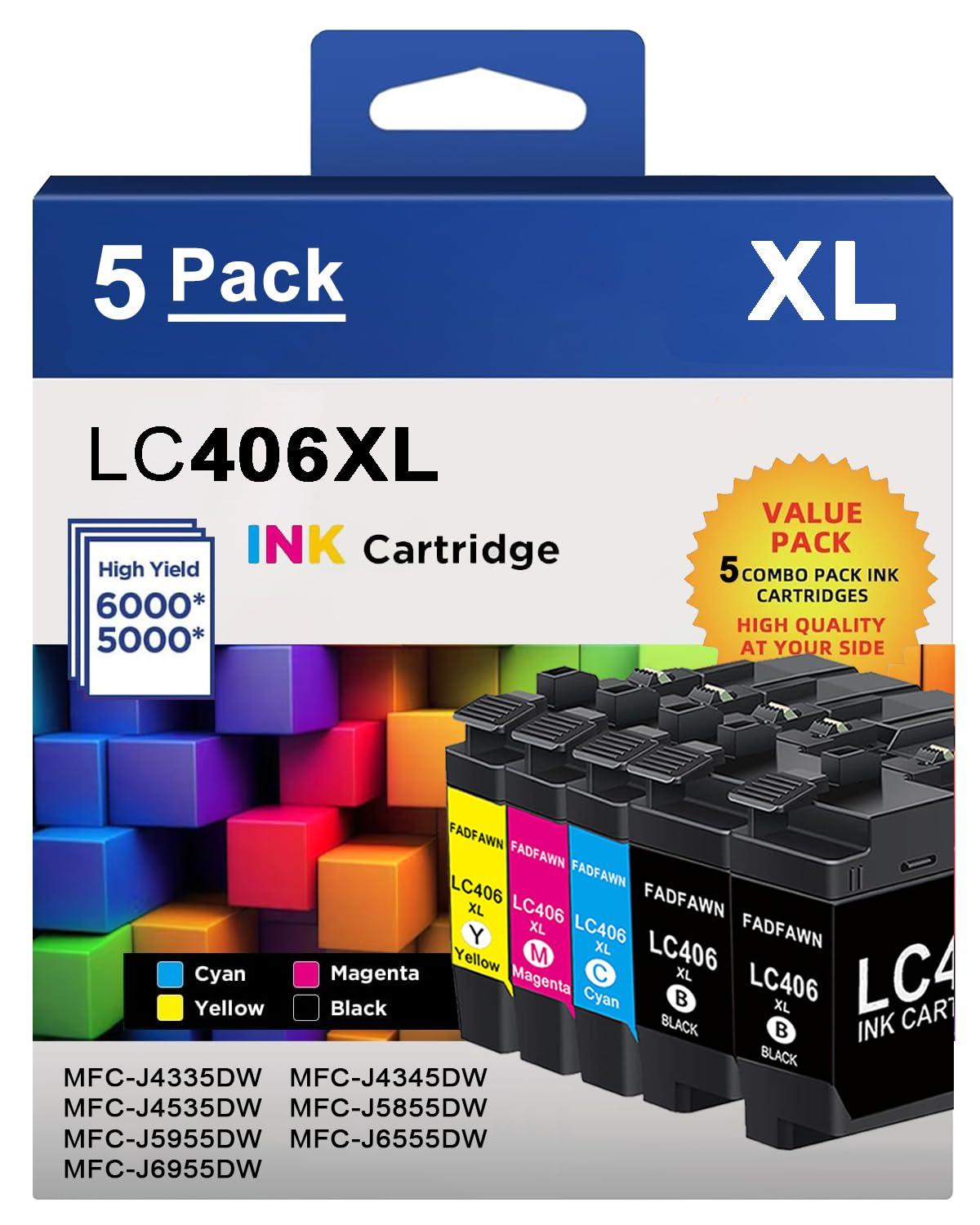 LC406XL Ink Cartridges 5-Pack (2BK/C/M/Y) Replacement for Brother LC406XL High Yield Ink Cartridges for use with MFC-J4535DW MFC-J4335DW MFC-J5855DW MFC-J6555DW Printers