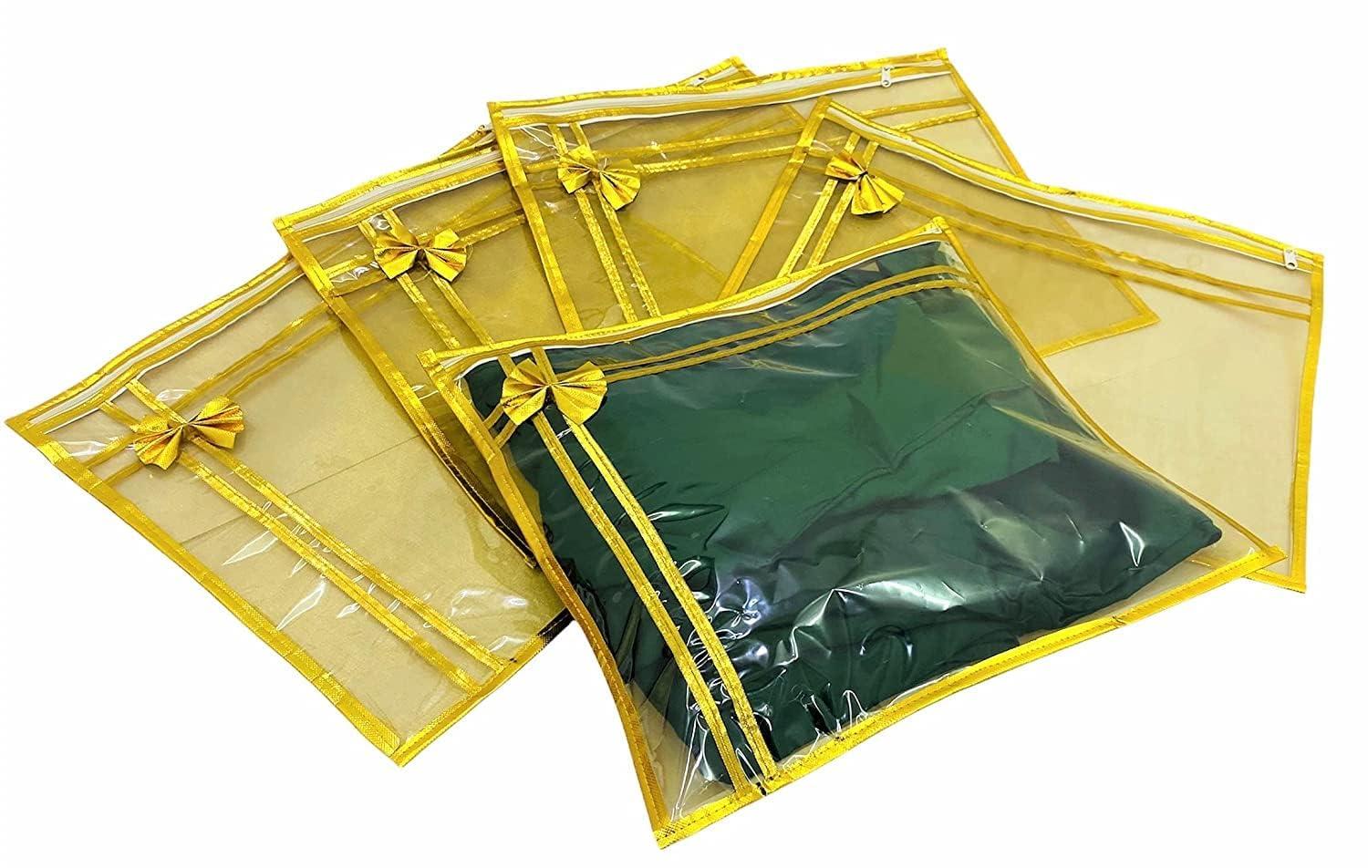 10 piece transparent single Saree/Suit Packing Sari Cover/Bag Organizer with zip for Wardrobe Storage and wedding gifting,dress covers (Golden, Pack of 10) - Image 2